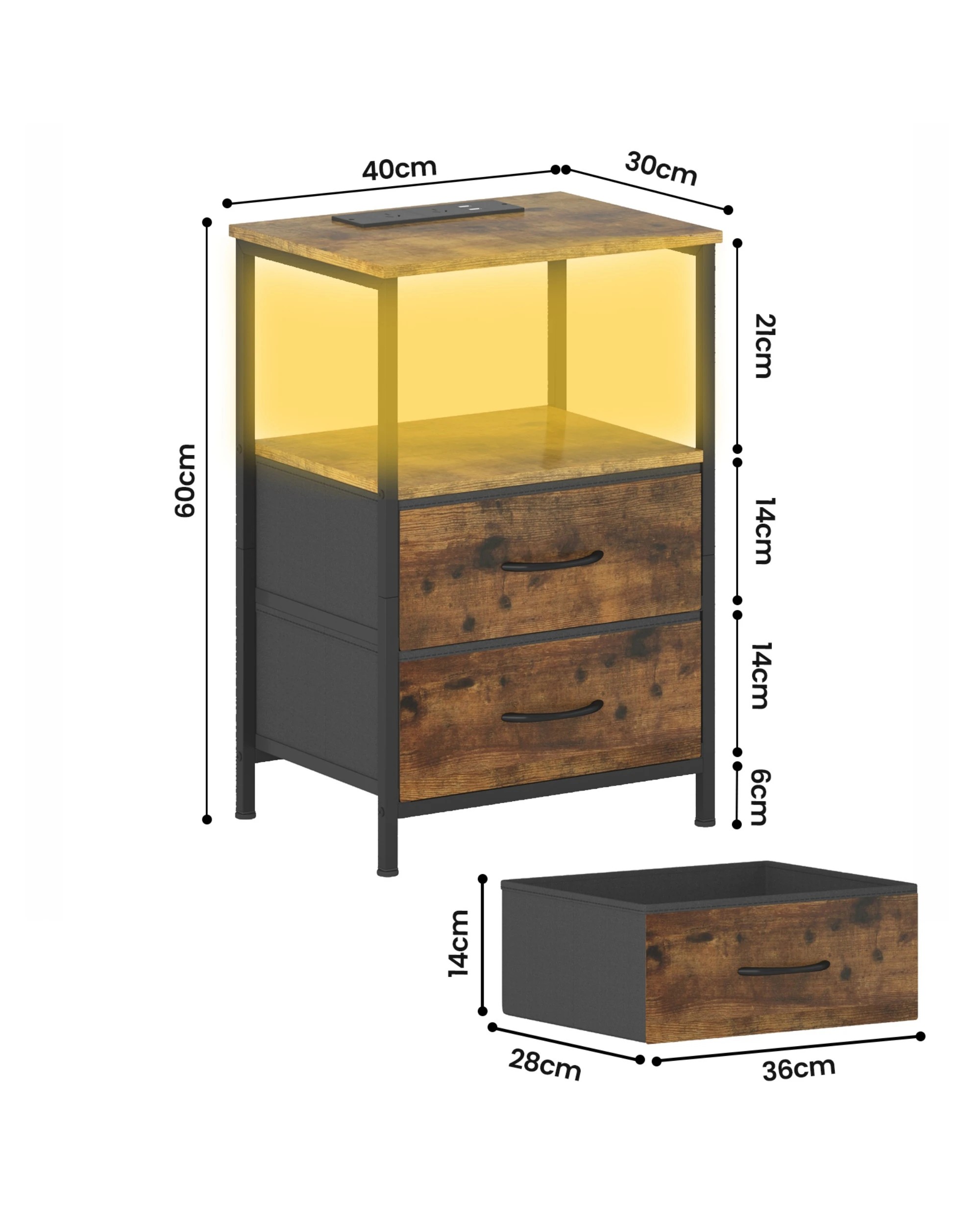 3 Advwin Led Bedside Table With Charging Station 2 Fabric Drawers Nightstand - Brown, 3 of 7