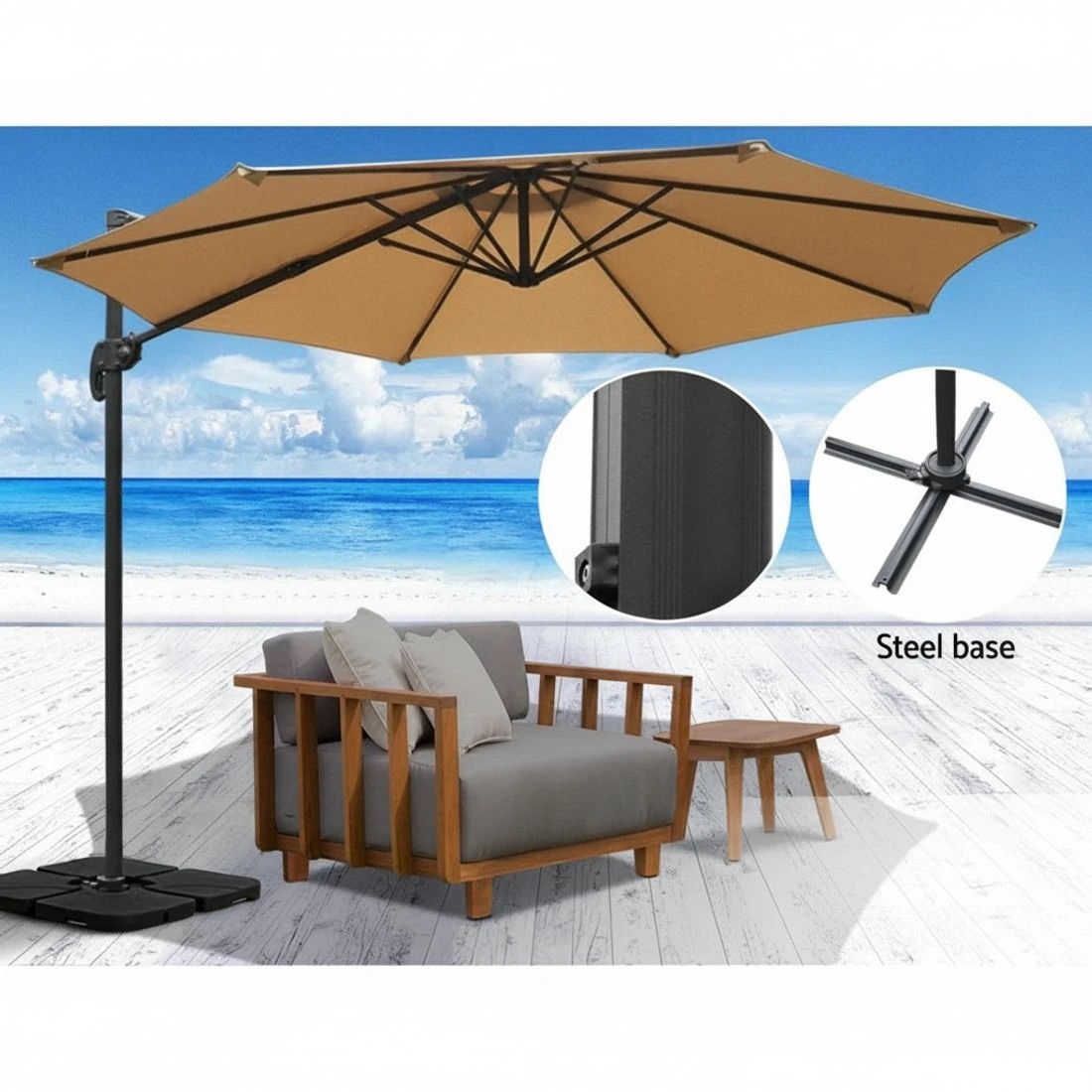 5 Instahut 3m Outdoor Umbrella w/Base Cantilever Beach Roma 360 Degree Tilt - White, 5 of 5