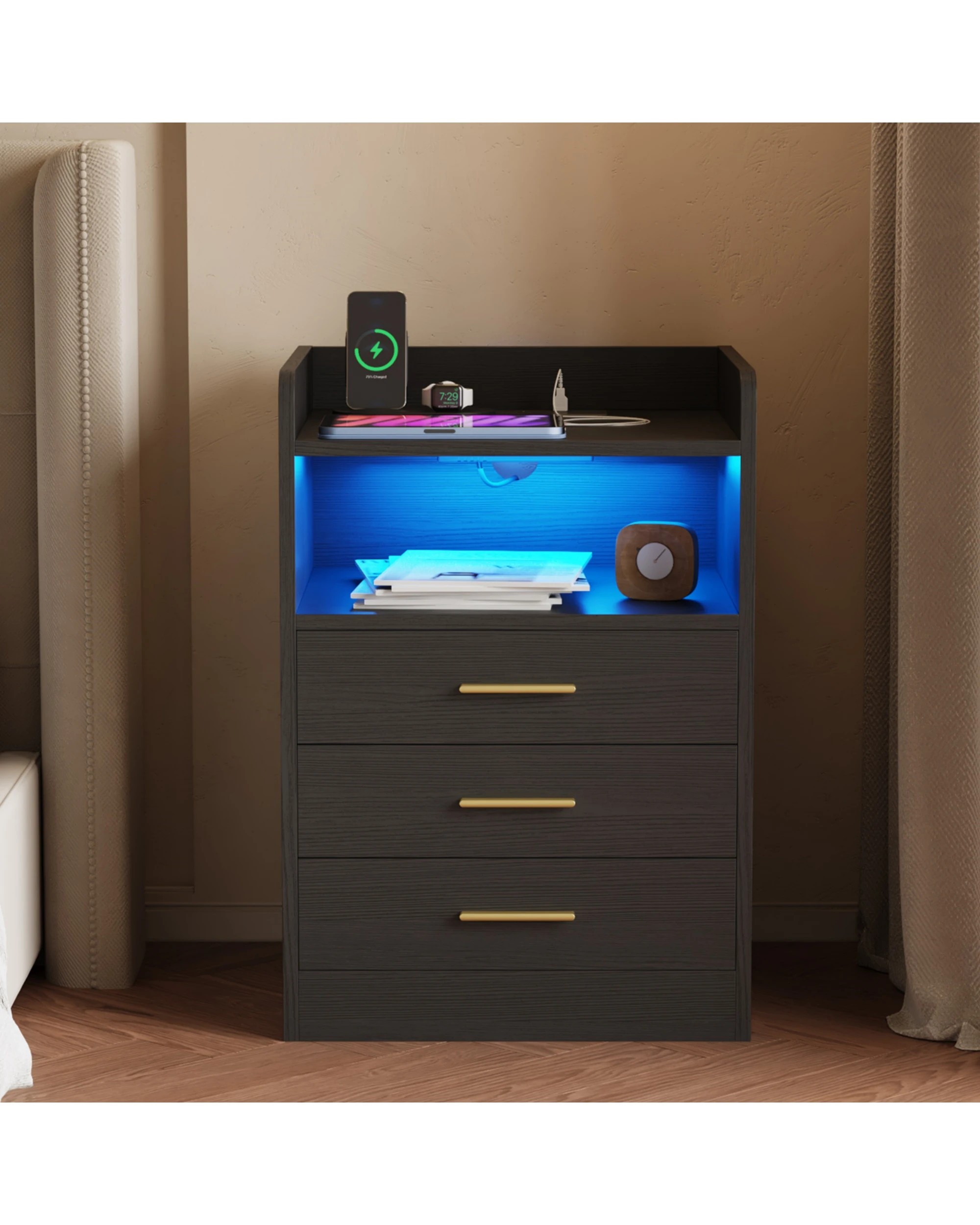 4 Advwin RGB Led Bedside Table with Charging Station 3 Drawers - Black, 4 of 9