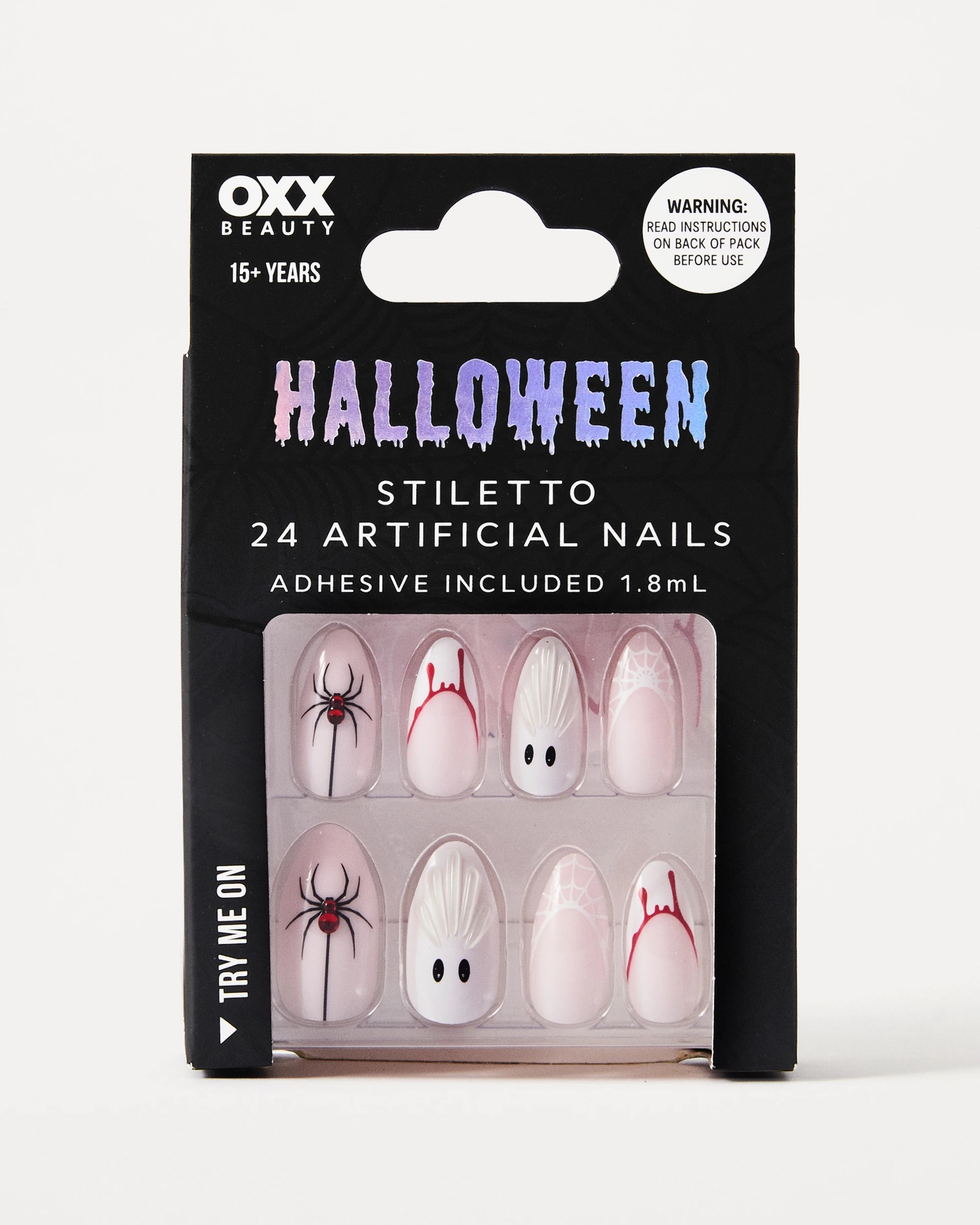 1 OXX Beauty 24 Pack Artificial Nails with Adhesive - Stiletto Shape, Spider Blood, 1 of 4