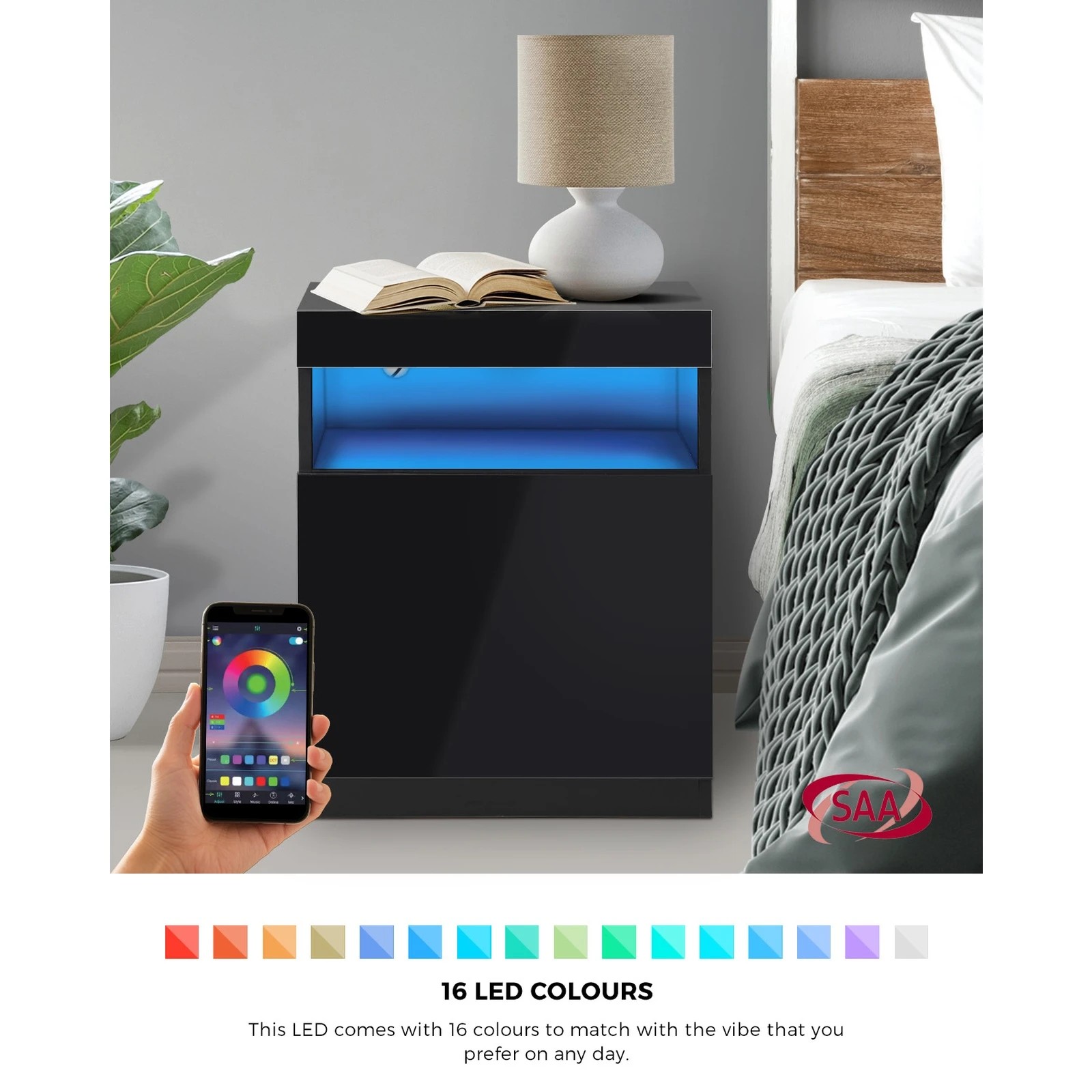 3 Oikiture Bedside Table Led Nightstand Shelf Storage Cabinet
 - Black, 3 of 10