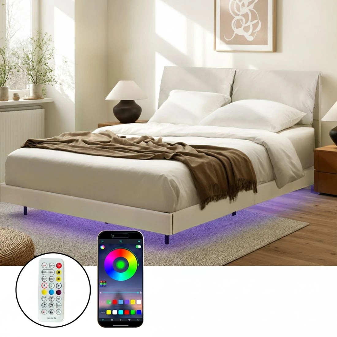 4 Artiss Double Bed Frame RGB LED Floating Beds Adjustable Headboard - White, 4 of 9