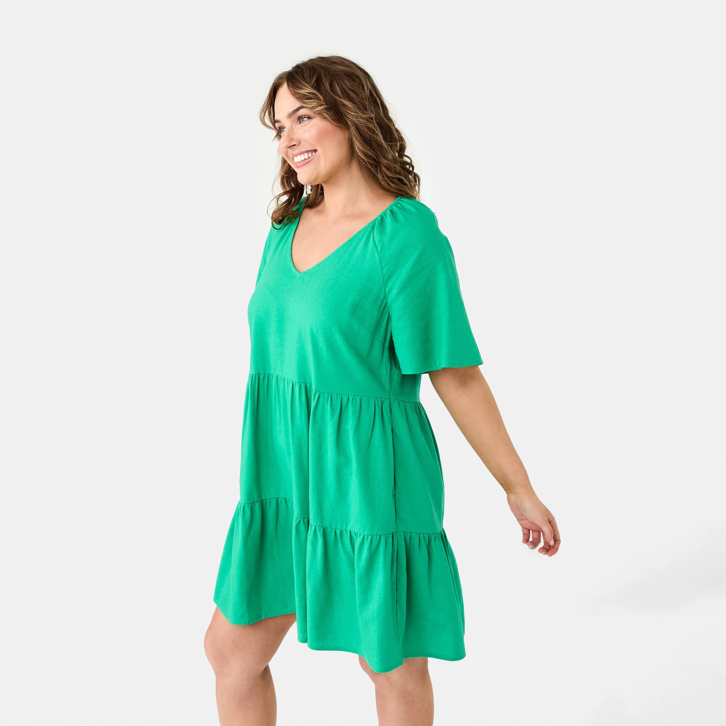 3 Short Sleeve Linen Blend Tiered Mini Dress SIMPLY GREEN, 3 of 10