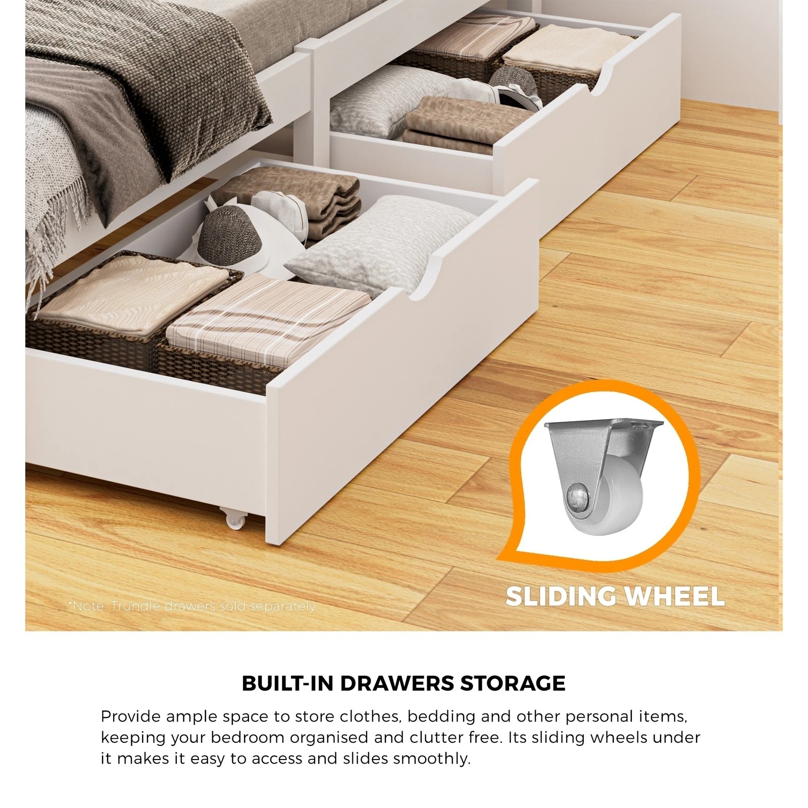 4 Oikiture Wooden Bed Frame Queen Size Base With Trundle Storage Drawers
 - White, 4 of 8