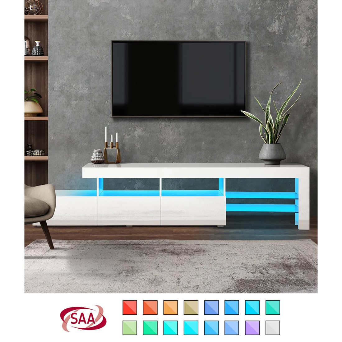 3 Oikiture Tv Cabinet Entertainment Unit Stand Rgb Led Gloss 220cm
 - White, 3 of 10