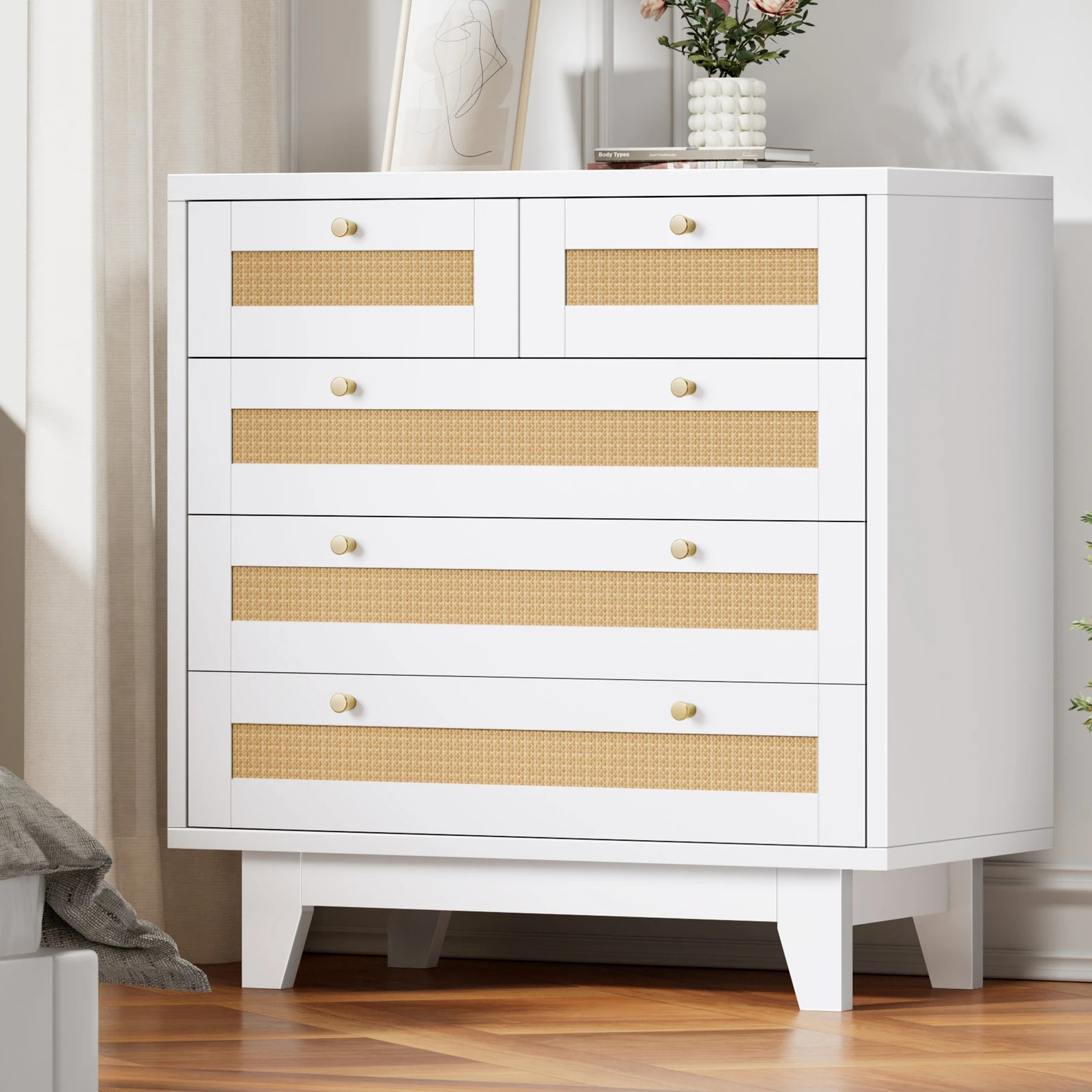2 Alfordson 5 Chest of Drawers Rattan Storage Cabinet Dresser Tallboy - White, 2 of 10