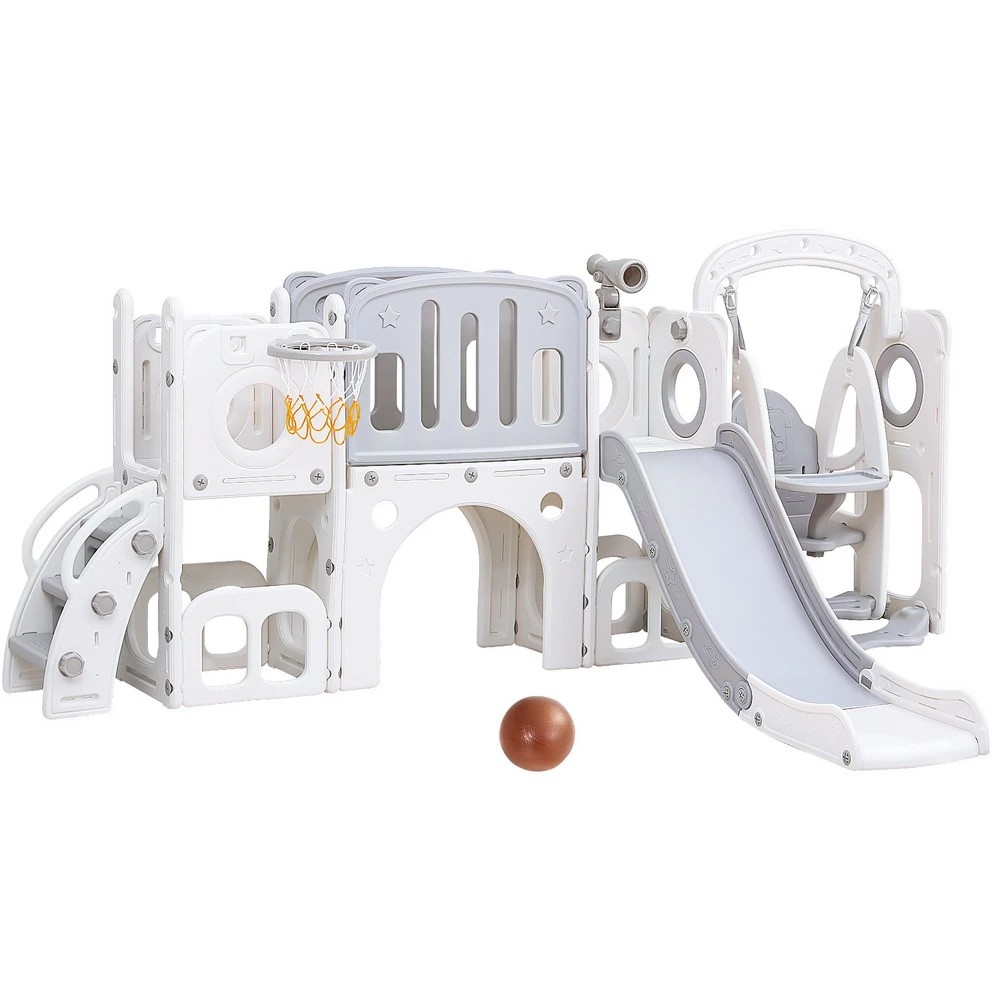 1 Keezi Kids Slide Swing Set Basketball Hoop Ring Football Outdoor Toys 132cm - Multi, 1 of 5