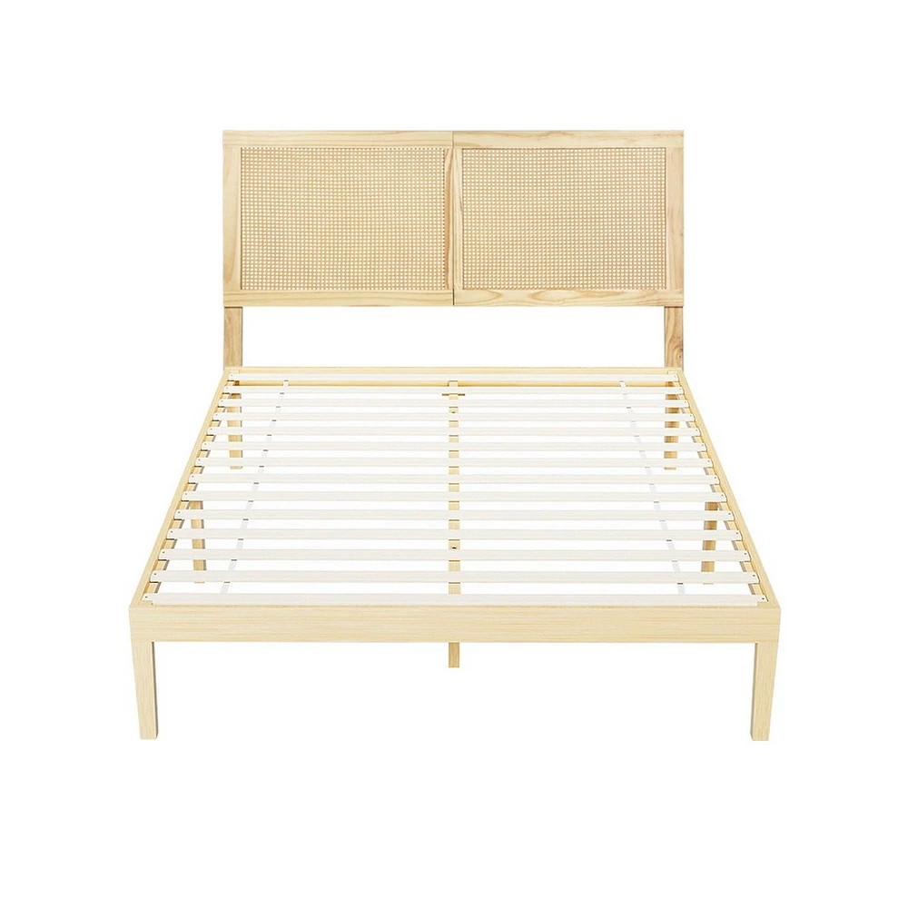 1 Artiss Bed Frame Double Size with Rattan Headboard Wooden Bed Base BRUNO - Multi, 1 of 7