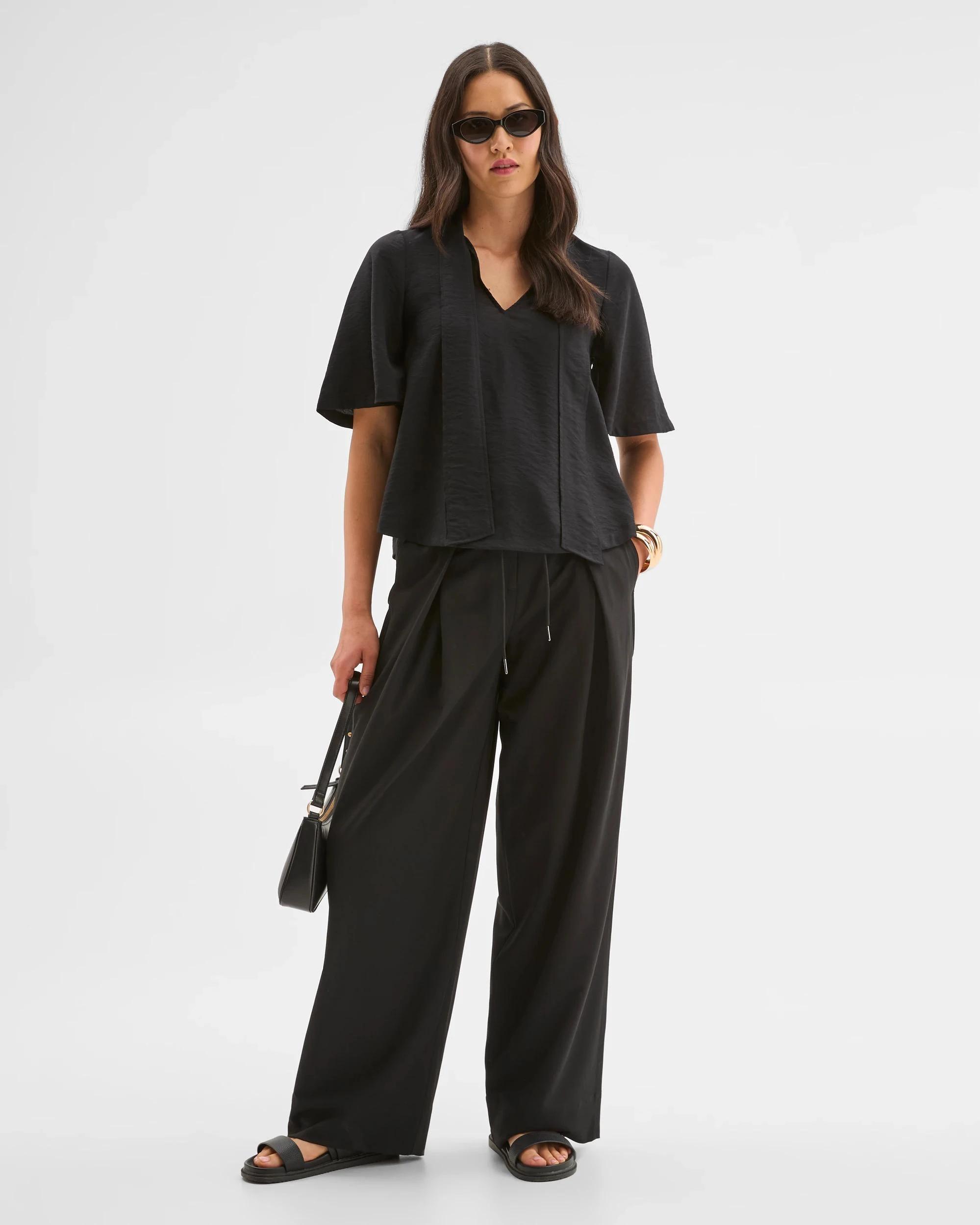 1 Preview Short Sleeve Tie Neck Blouse BLACK, 1 of 9