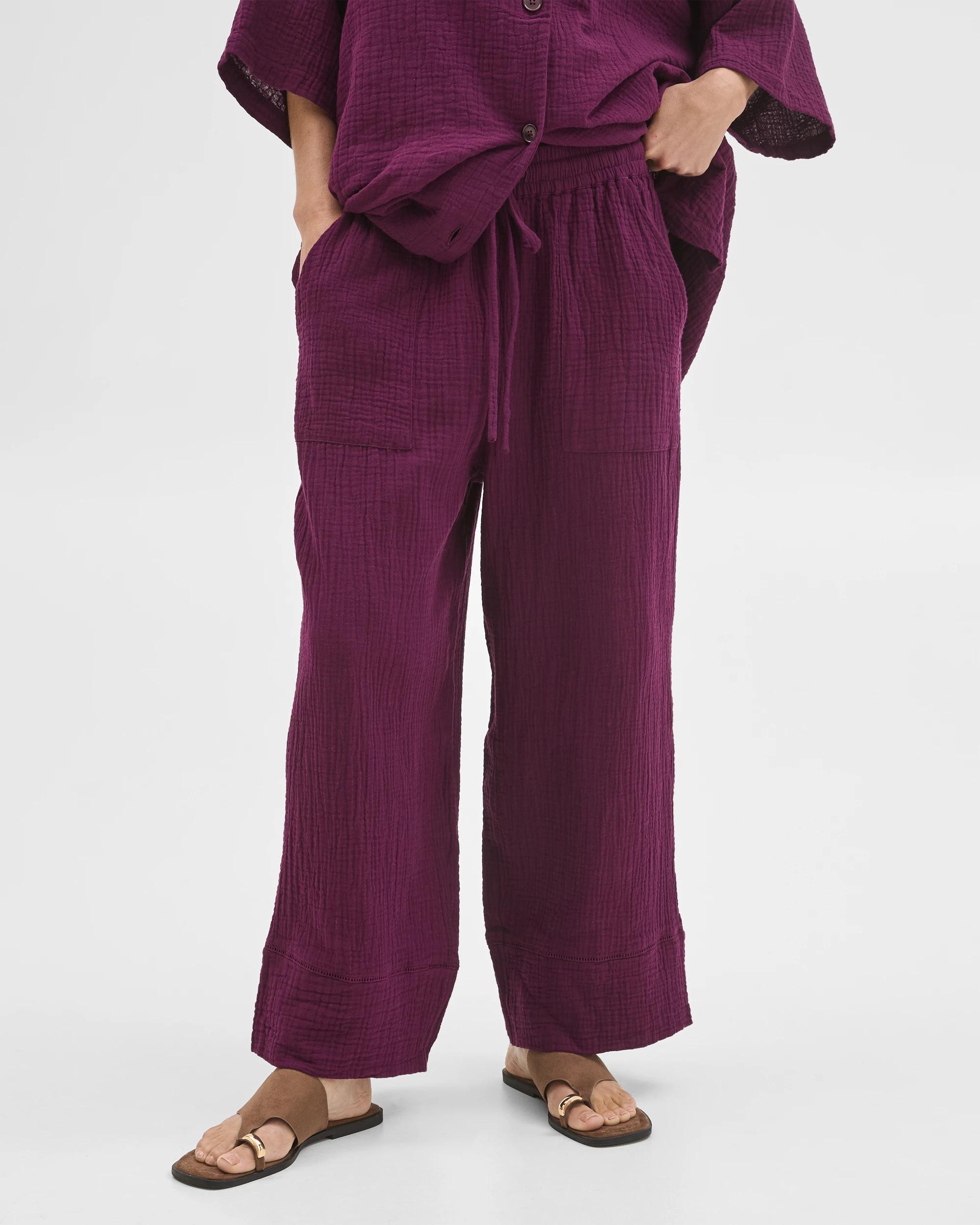 3 Target Woman Australian Cotton Resort Woven Trim Detail Pants DEEP PLUM, 3 of 6