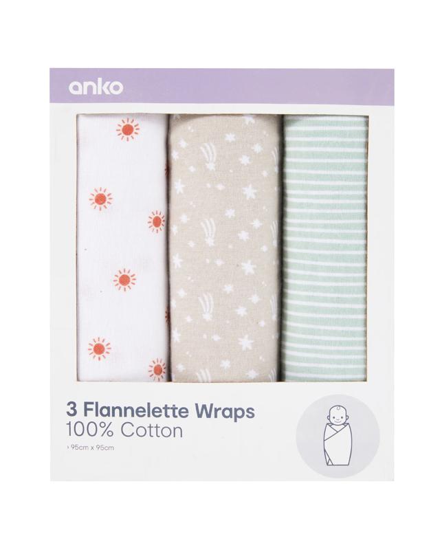 3 Pack Cotton Flannelette Wraps - S