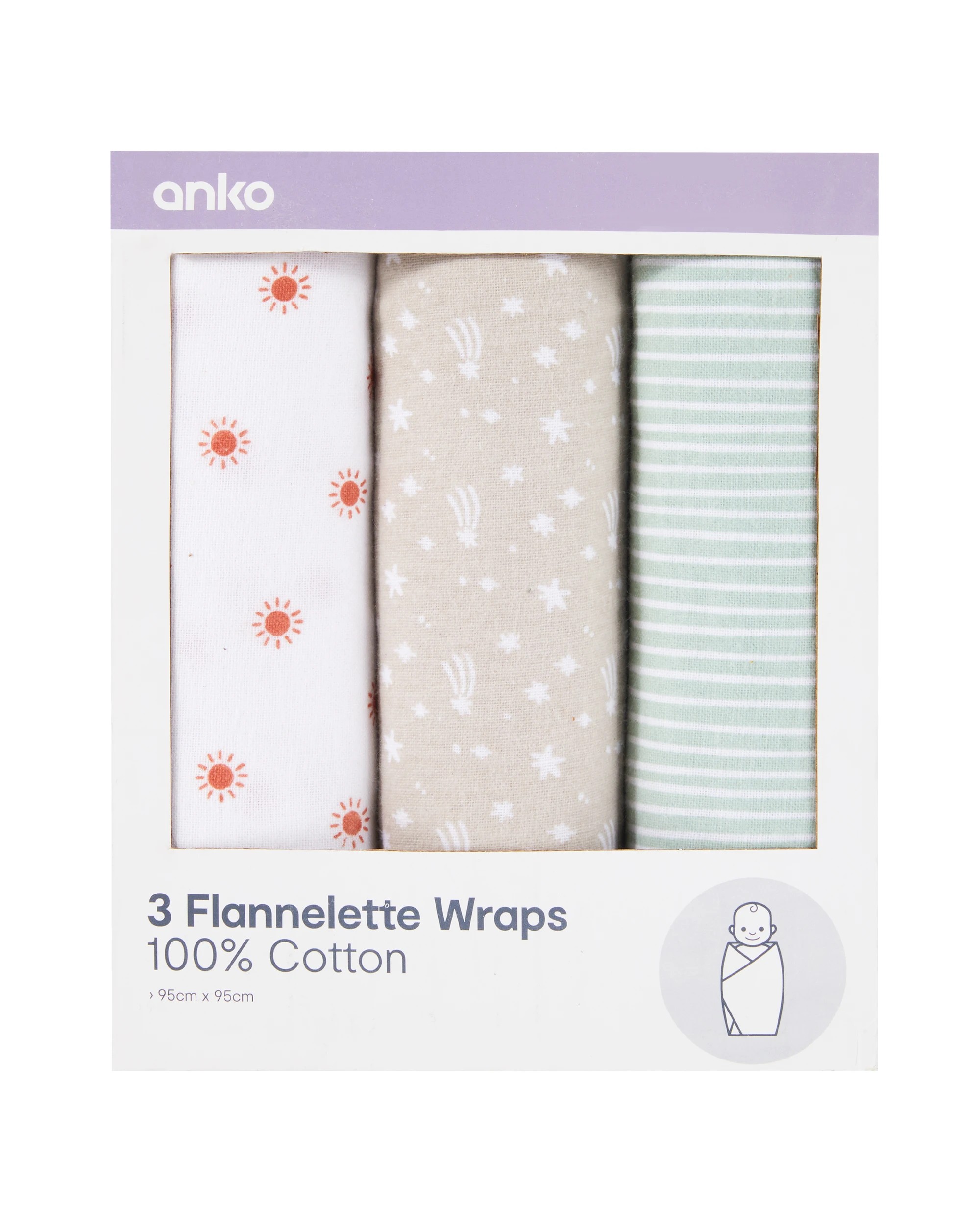 1 3 Pack Cotton Flannelette Wraps - Stars, 1 of 7