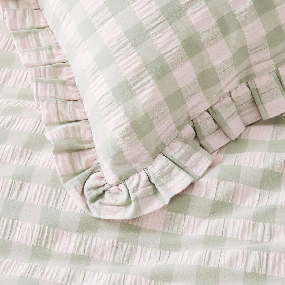4 Gingham Ruffle Cotton Quilt Cover Set - King Bed, Sage and Pink, 4 of 6