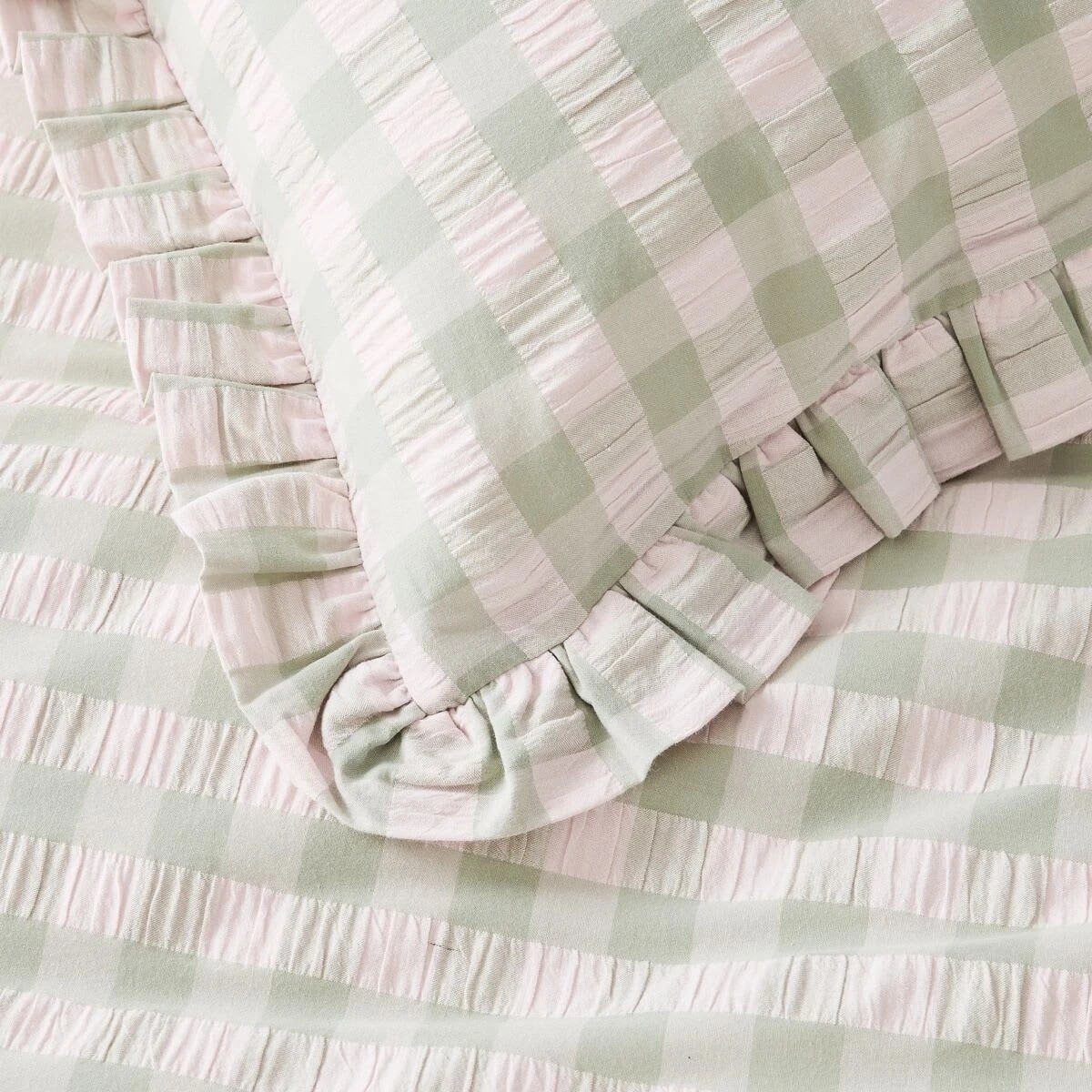 4 Gingham Ruffle Cotton Quilt Cover Set - King Bed, Sage and Pink, 4 of 6