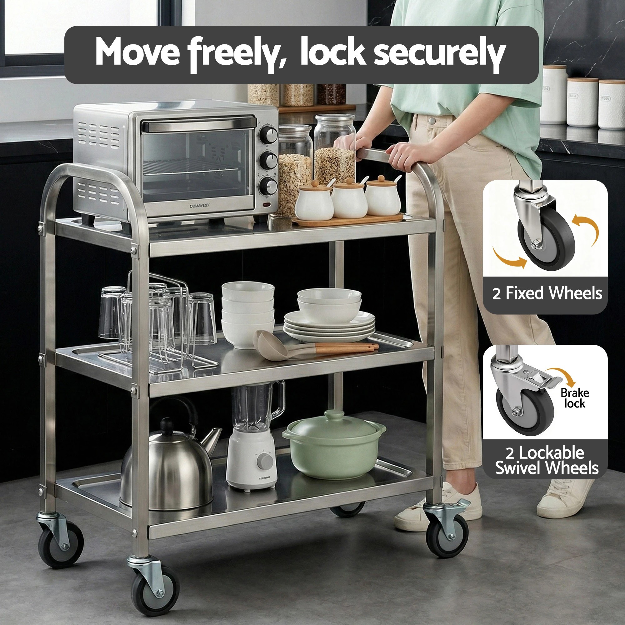 3 Cefito 3-Tier Stainless Steel Kitchen Trolley with Wheels 89X50X83cm - Silver, 3 of 6