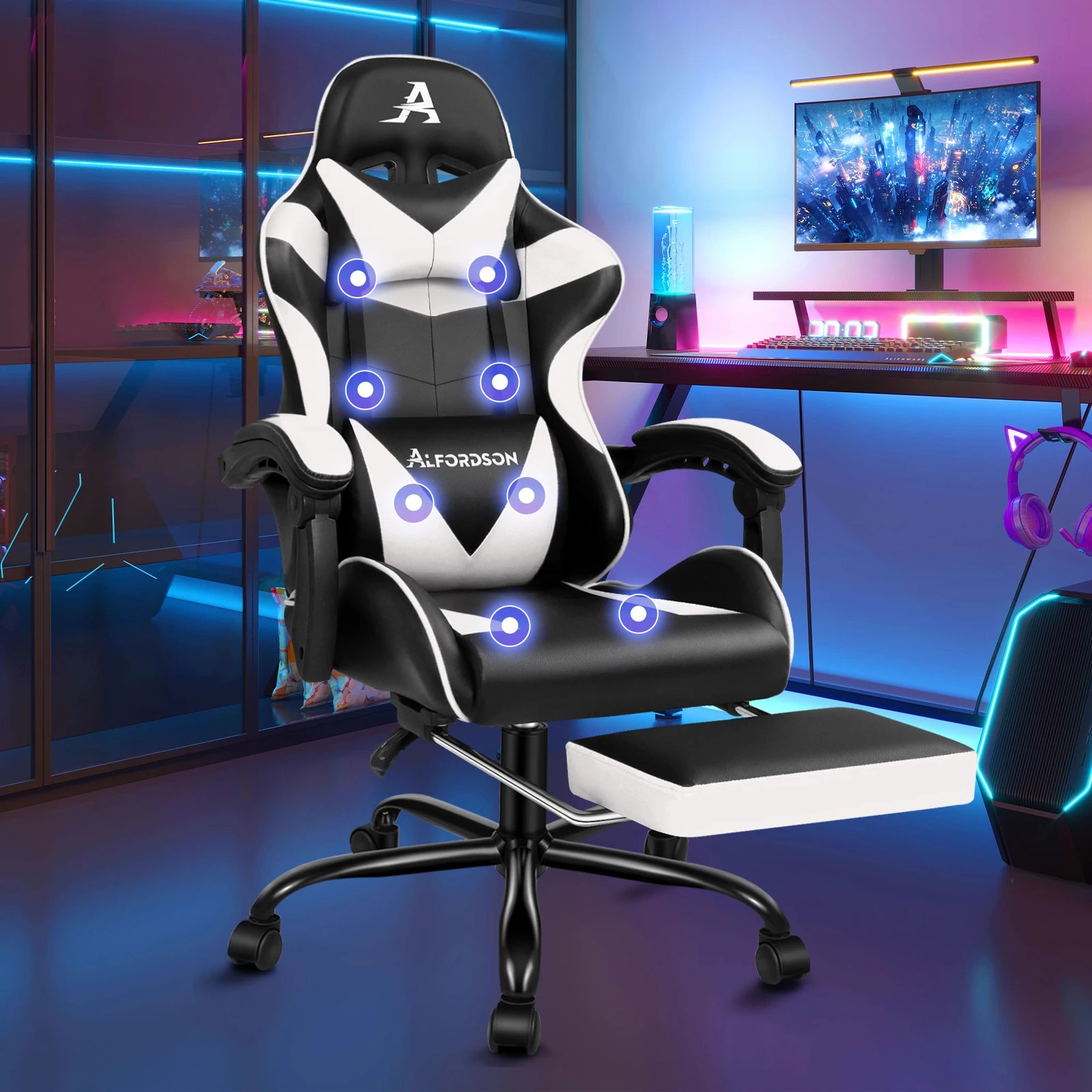 2 Alfordson Gaming Chair Office Massage Computer Racing Seat PU Leather - White, 2 of 10