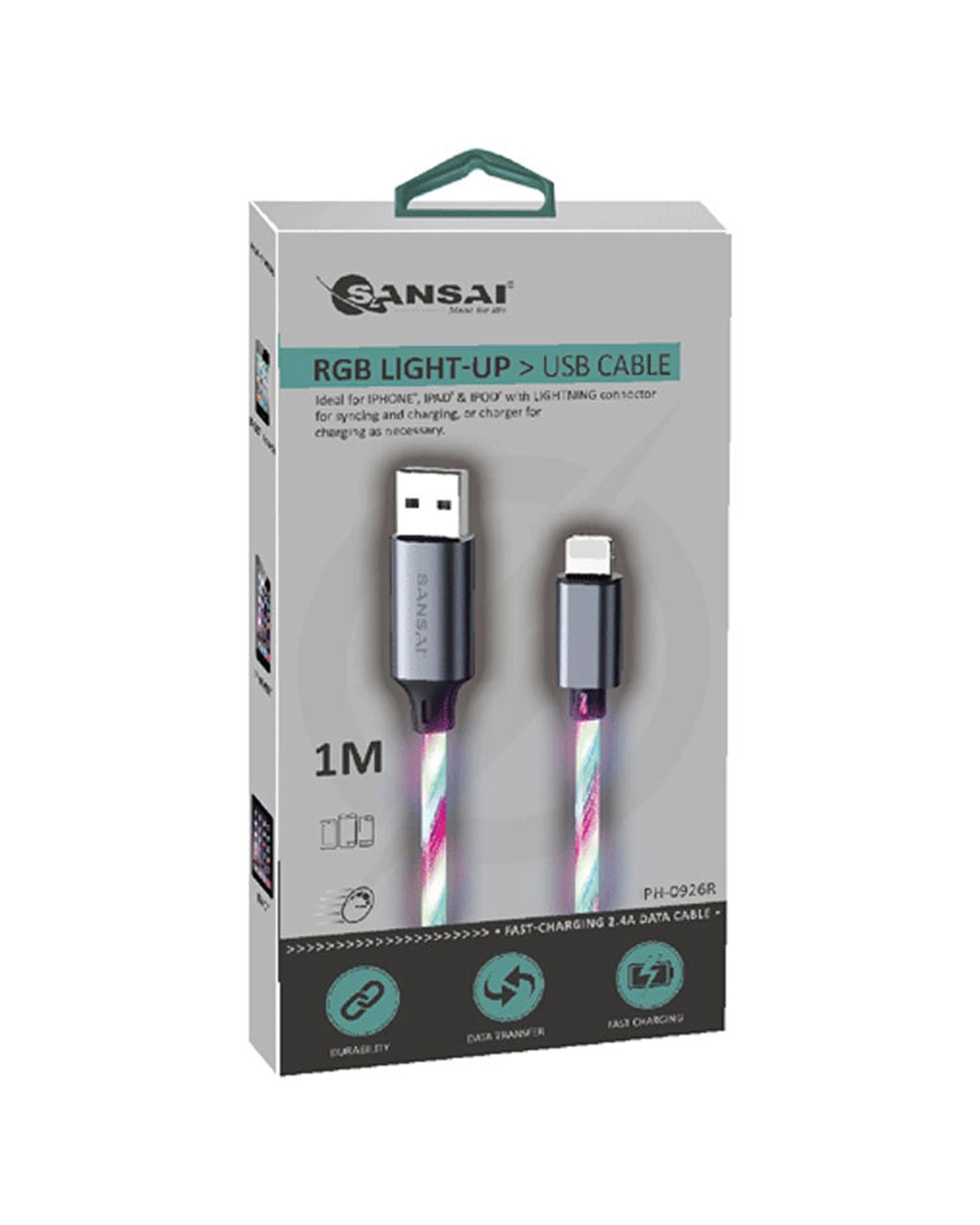1 Sansai RGB Light Up 8-Pin Cable 2.4A with LED and Data Sync 1M - Multi, 1 of 2