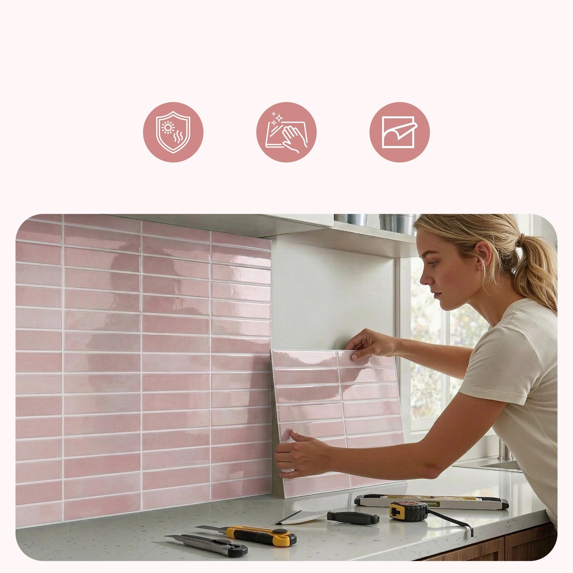 4 Artiss 3D Peel and Stick Wall Tiles Self Adhesive LinearGrid Backsplash 10 - Pink, 4 of 8