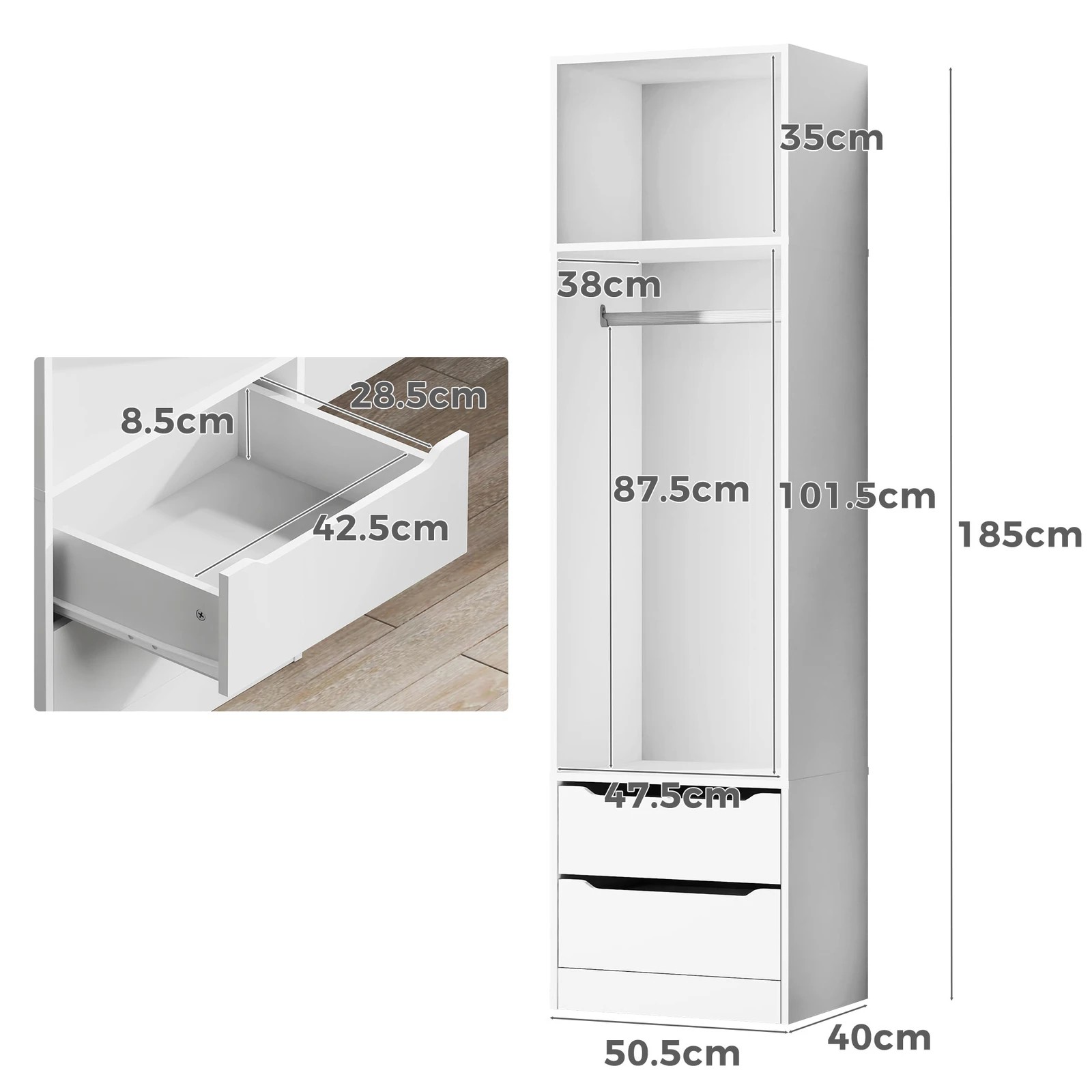4 Alfordson Wardrobe C2 Drawers lothes Storage Cabinet Hanging Rod - White, 4 of 10
