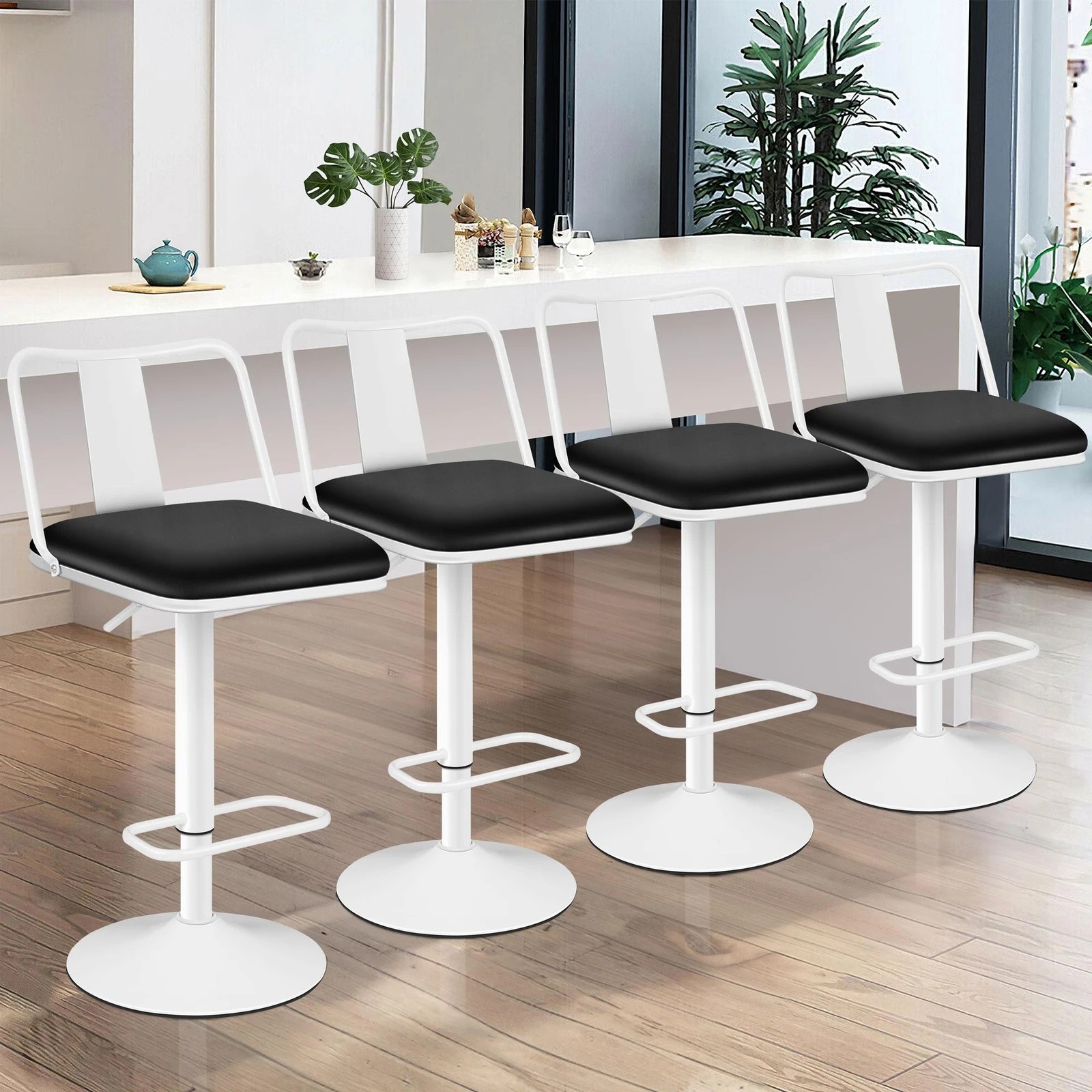 2 Alfordson 4x Bar Stools Gas Lift Leather Bar Chairs Kitchen Swivel - White, 2 of 10