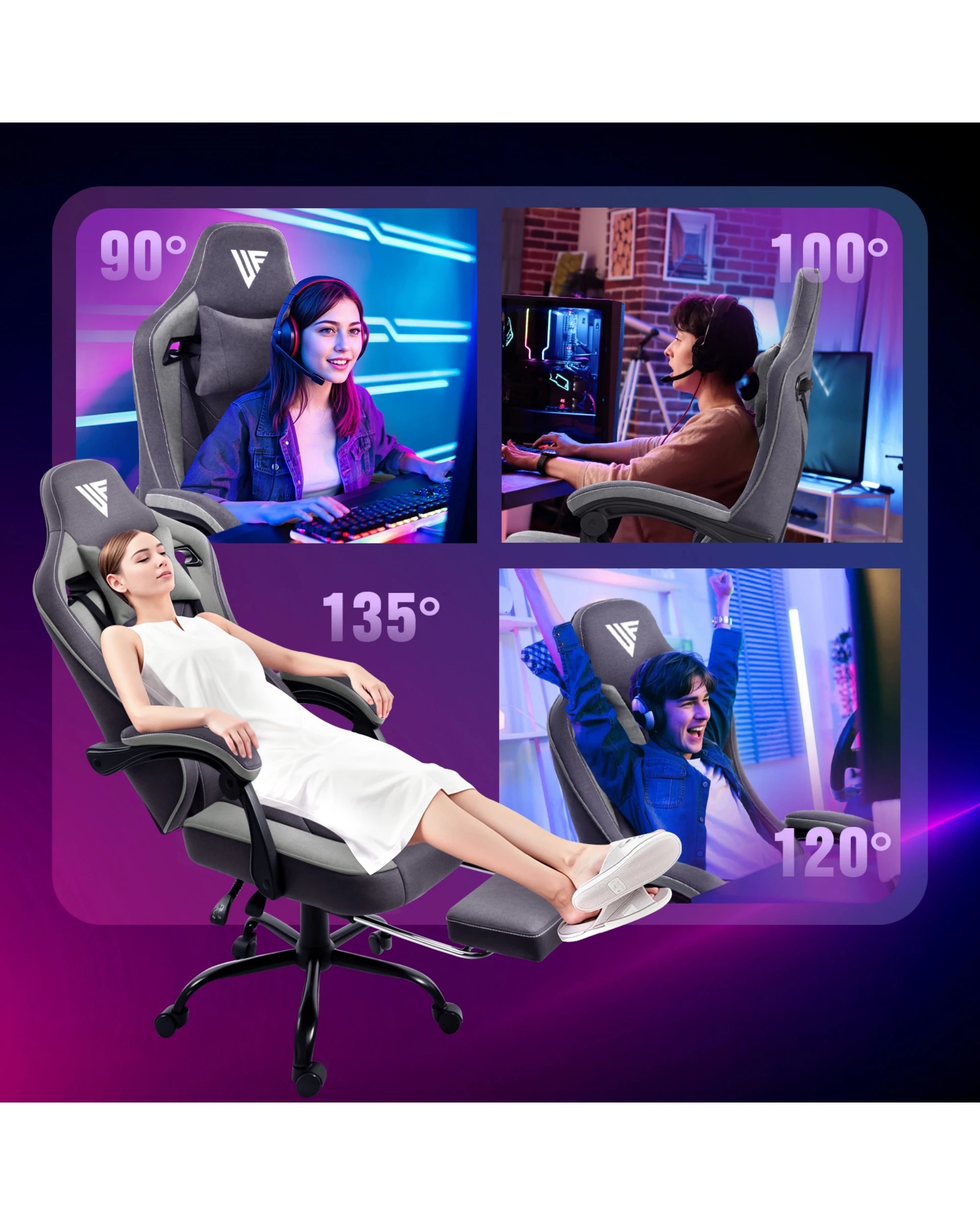 3 Advwin Gaming Chair With Footrest Linen Fabric Ergonomic - Grey, 3 of 3