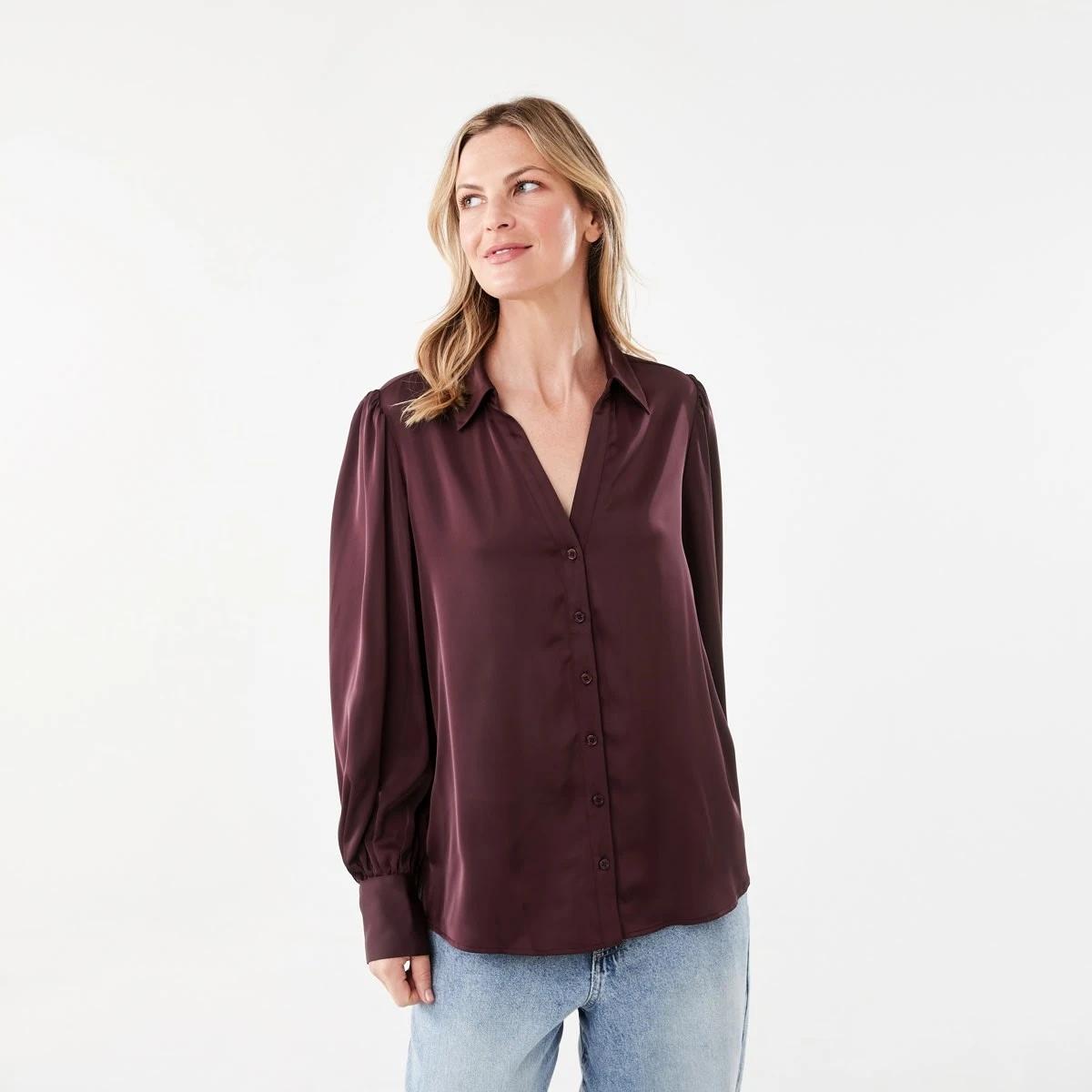 1 Long Sleeve Satin Shirt Mulberry, 1 of 6