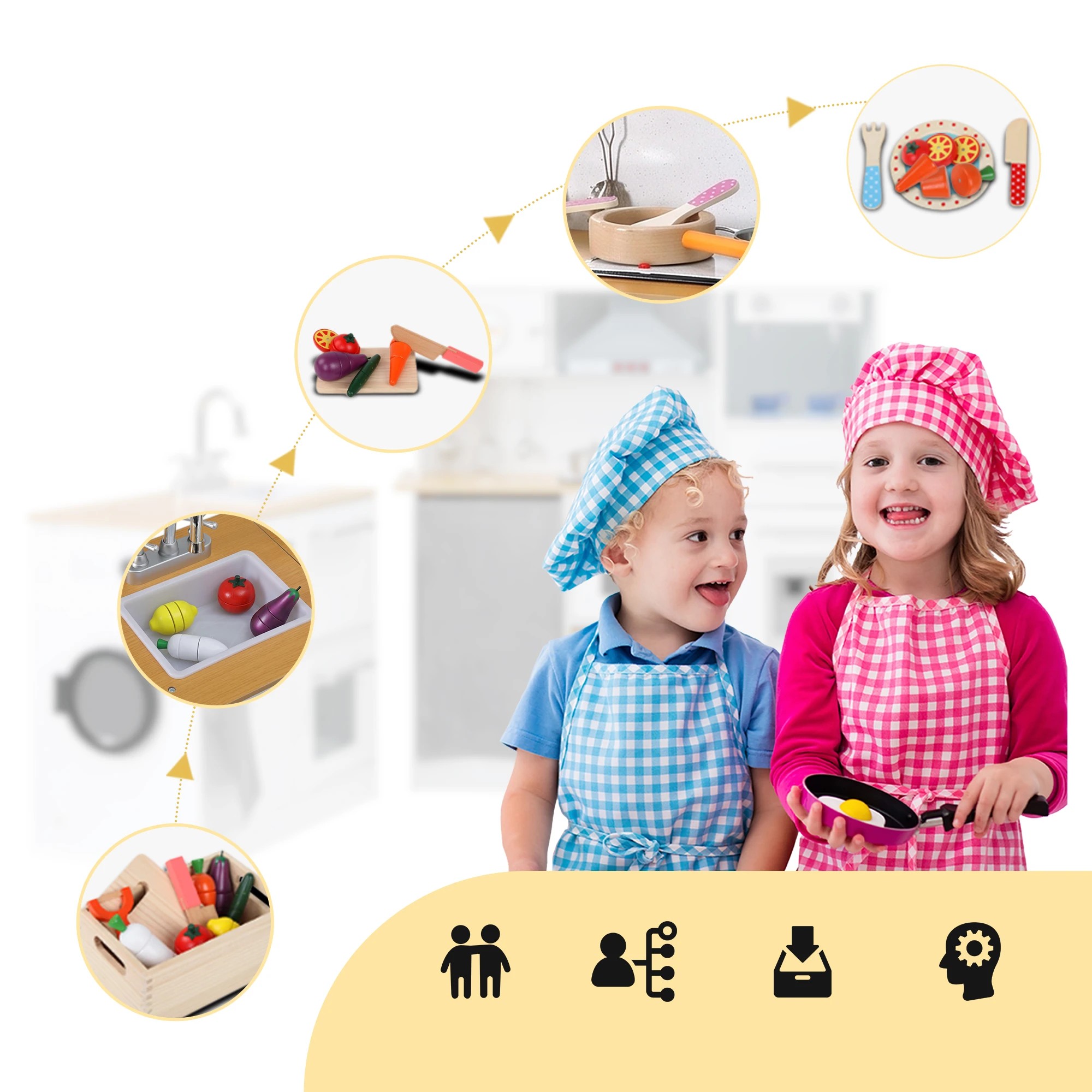 8 Keezi Kids Wooden Pretend Play Kitchen with 29pc Cutting Food Toy Set - Multi, 8 of 8
