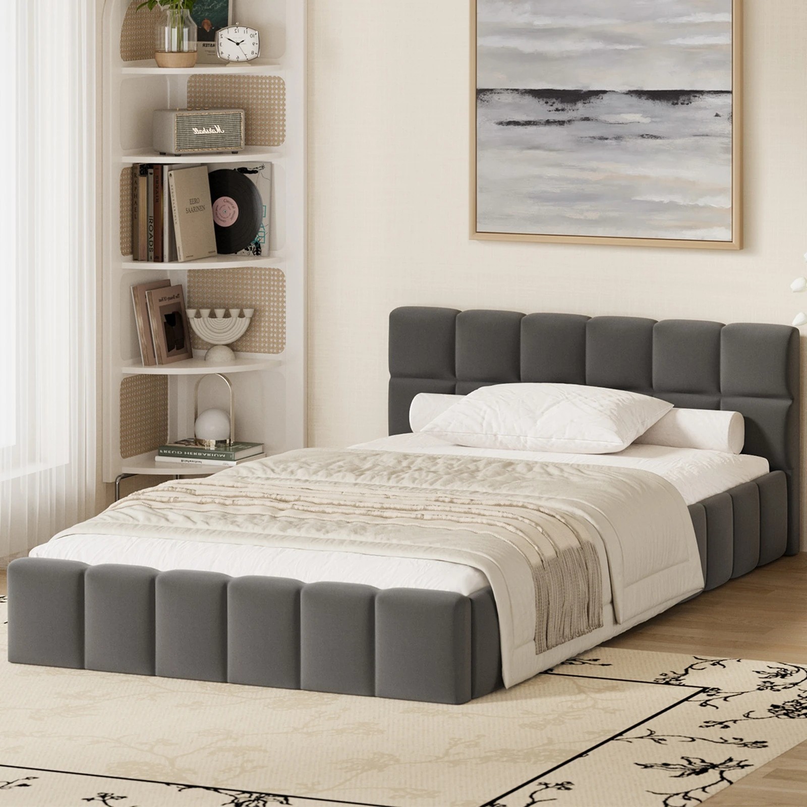 3 Oikiture Bed Frame King Single Size Tufted Headboard Velvet - Grey, 3 of 7