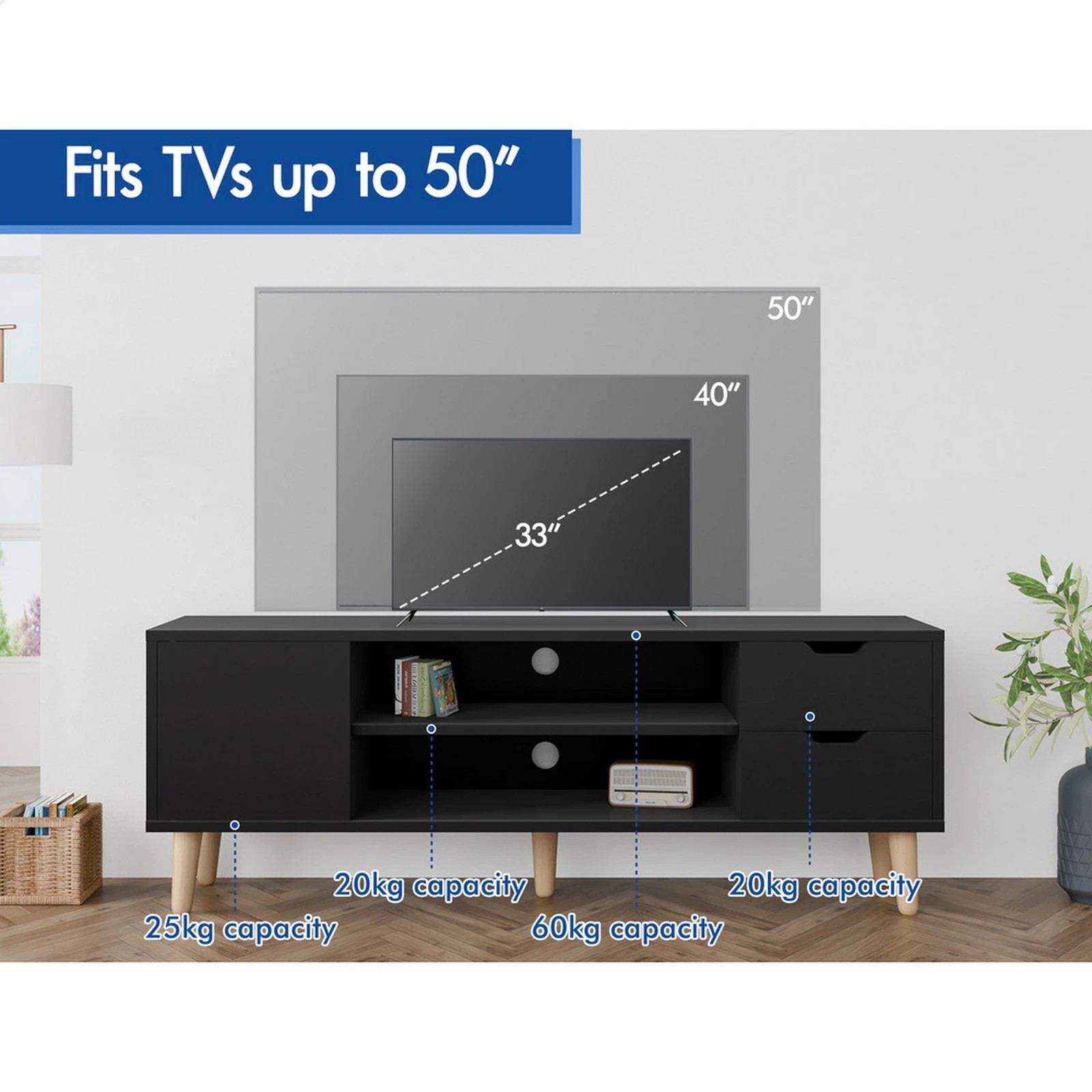 9 Alfordson Entertainment Unit 120cm TV Cabinet Stand Storage Drawer - Black, 9 of 10