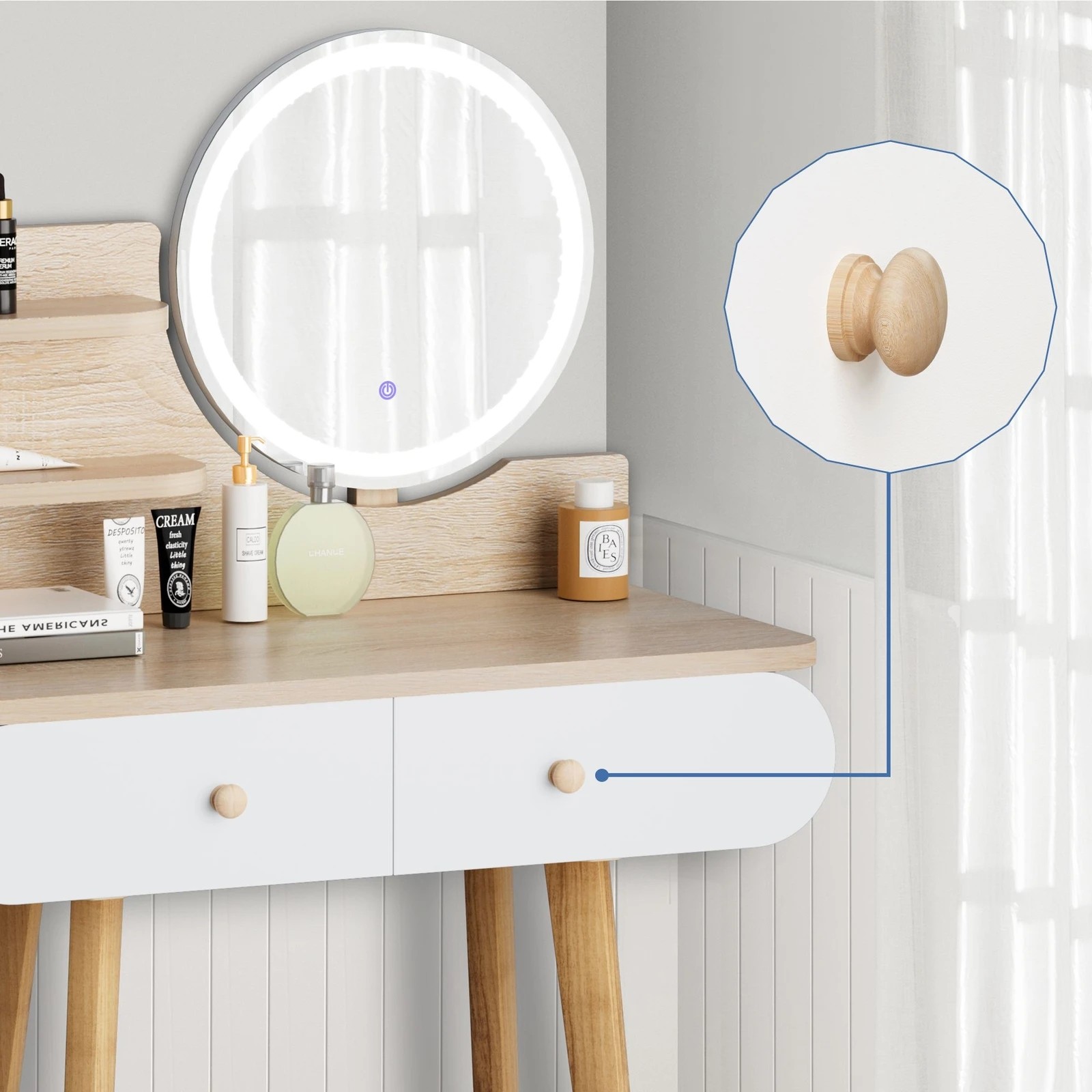 4 Alfordson Dressing Table Stool Set Makeup Mirror Desk LED Wood, 4 of 10