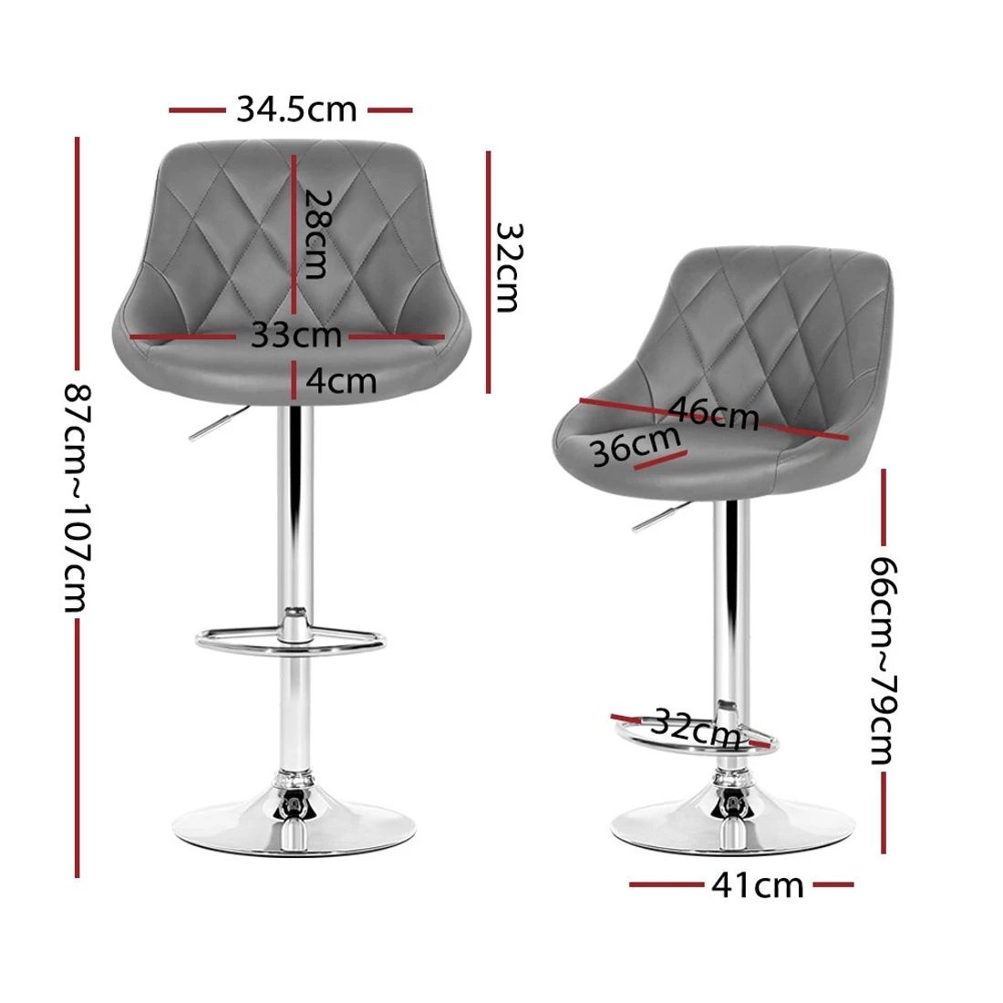 2 Artiss 4x Bar Stools Leather Padded Gas Lift - Grey, 2 of 6