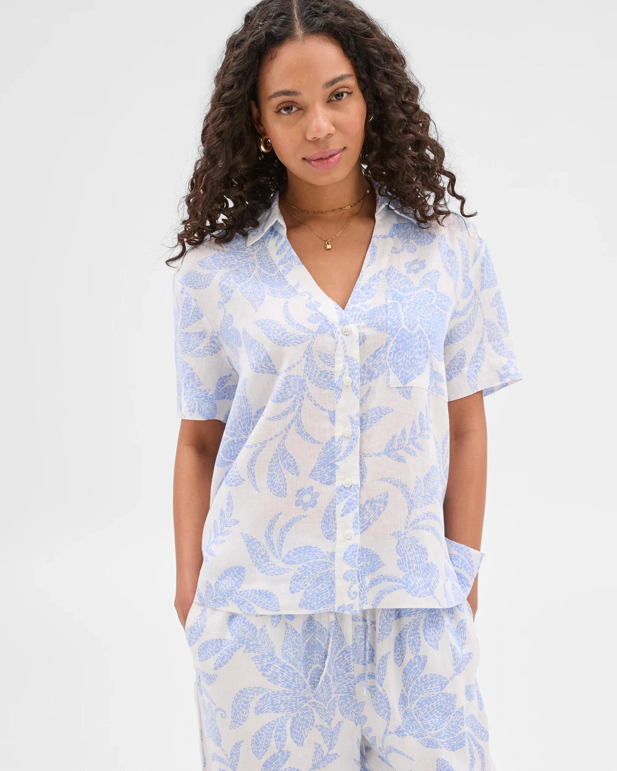 1 Target Woman European Linen Shirt BLUE/WHITE PRINT, 1 of 6