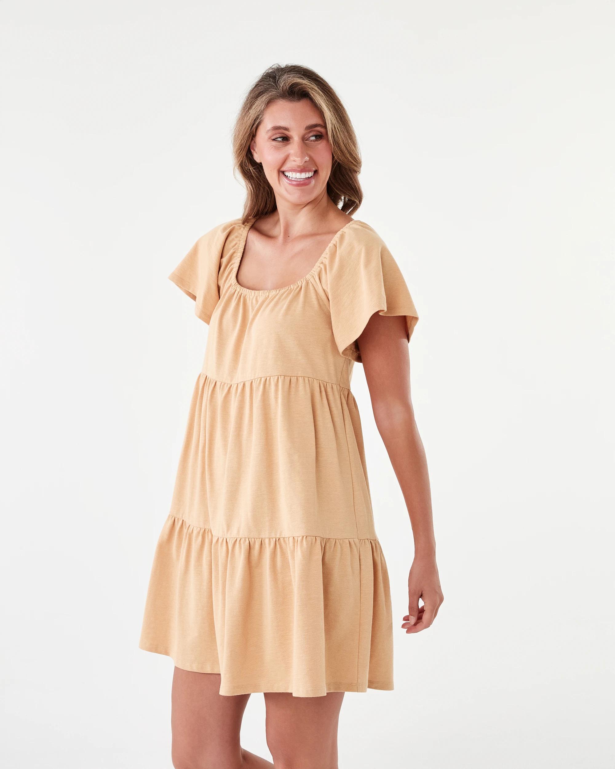 2 Short Sleeve Frill Tiered Jersey Mini Dress Mustard, 2 of 8