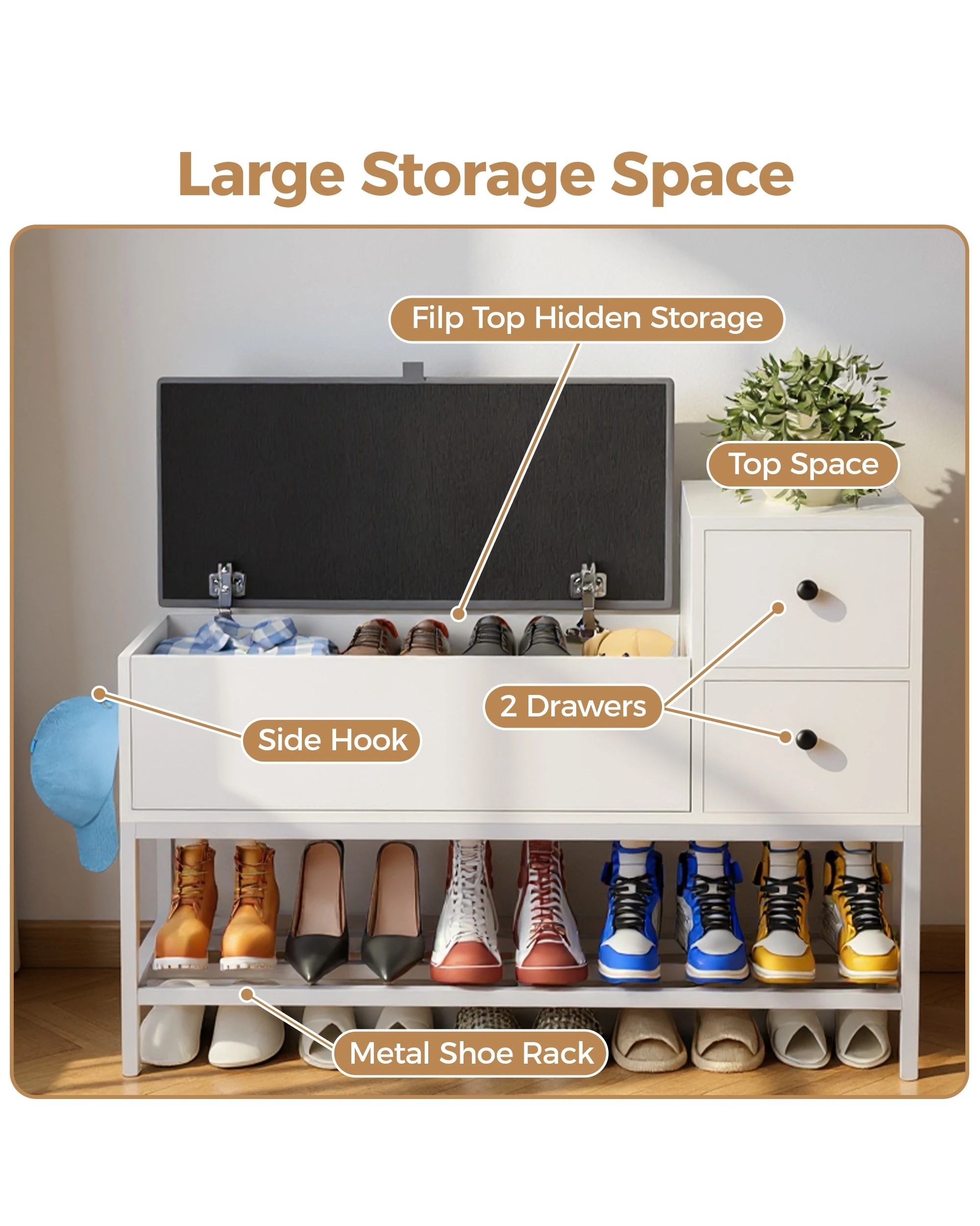 2 Advwin Shoe Rack Bench w/ Flip Top Cabinet & Drawers Shoe Organiser with Cushion & Side Hook, 2 of 9
