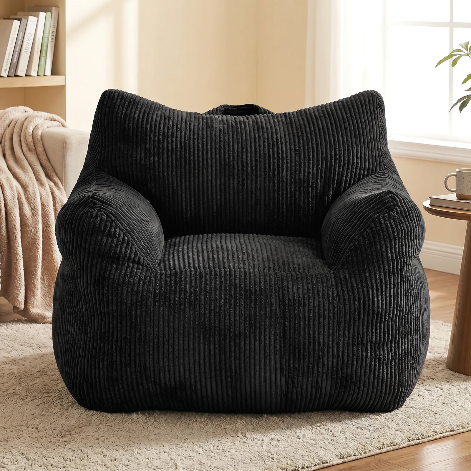 4 Advwin Bean Bag Chair Sofa w/ Armrest Handle Adults Teens Corduroy Lazy Floor Sofa - Black, 4 of 7