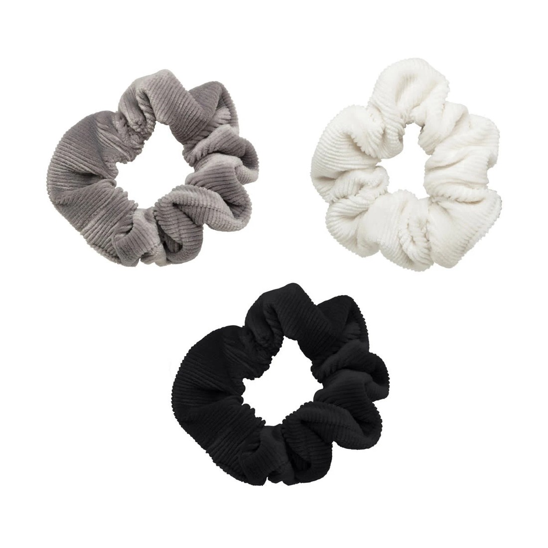 1 3 Pack Corduroy Scrunchies - Black, Grey & White, 1 of 2