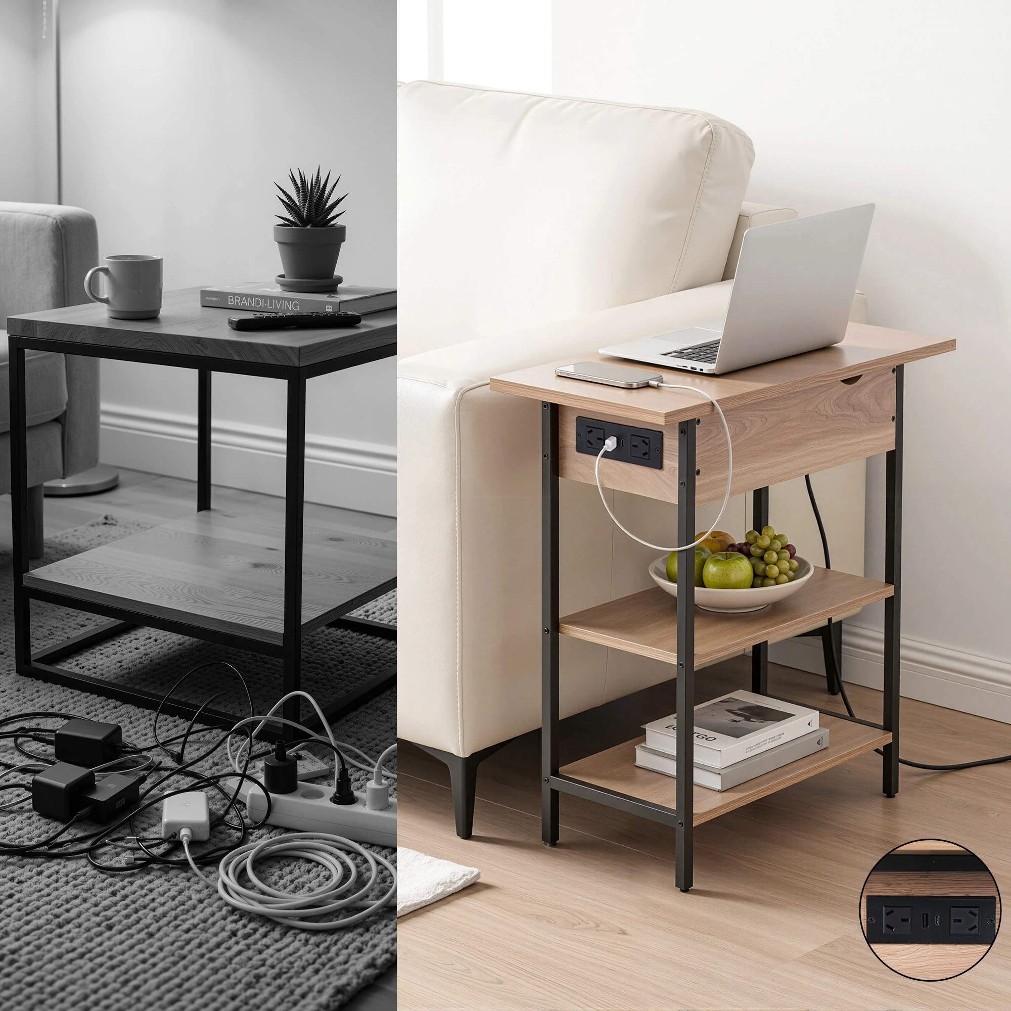 4 Artiss Coffee Table Side Bedside End Table Charging Station Flip-Top Storage 60cm Wood - Black, 4 of 7