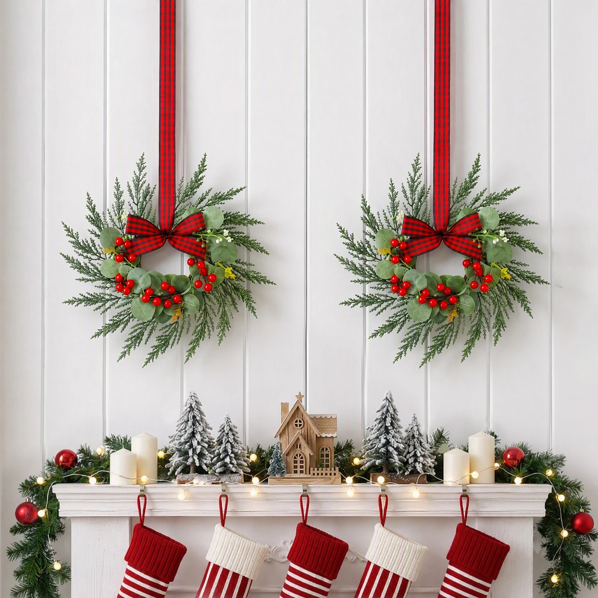 7 Jingle Jollys 6x Christmas Wreath Garland 26cm Wreaths Berries Bow - Green, 7 of 9
