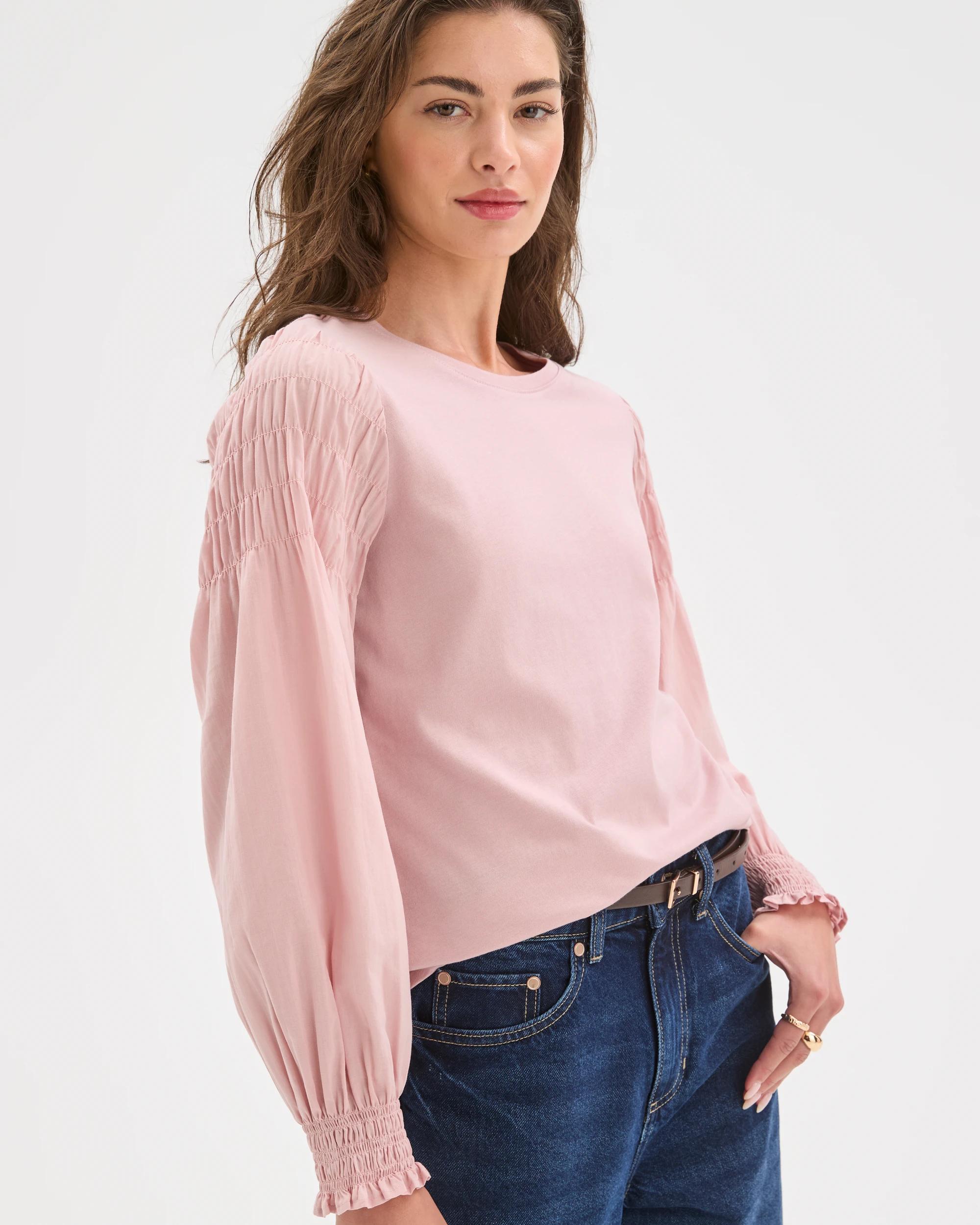 4 Target Petites Australian Cotton Long Sleeve Smocked Knit/Woven Top SOFT BLUSH, 4 of 7