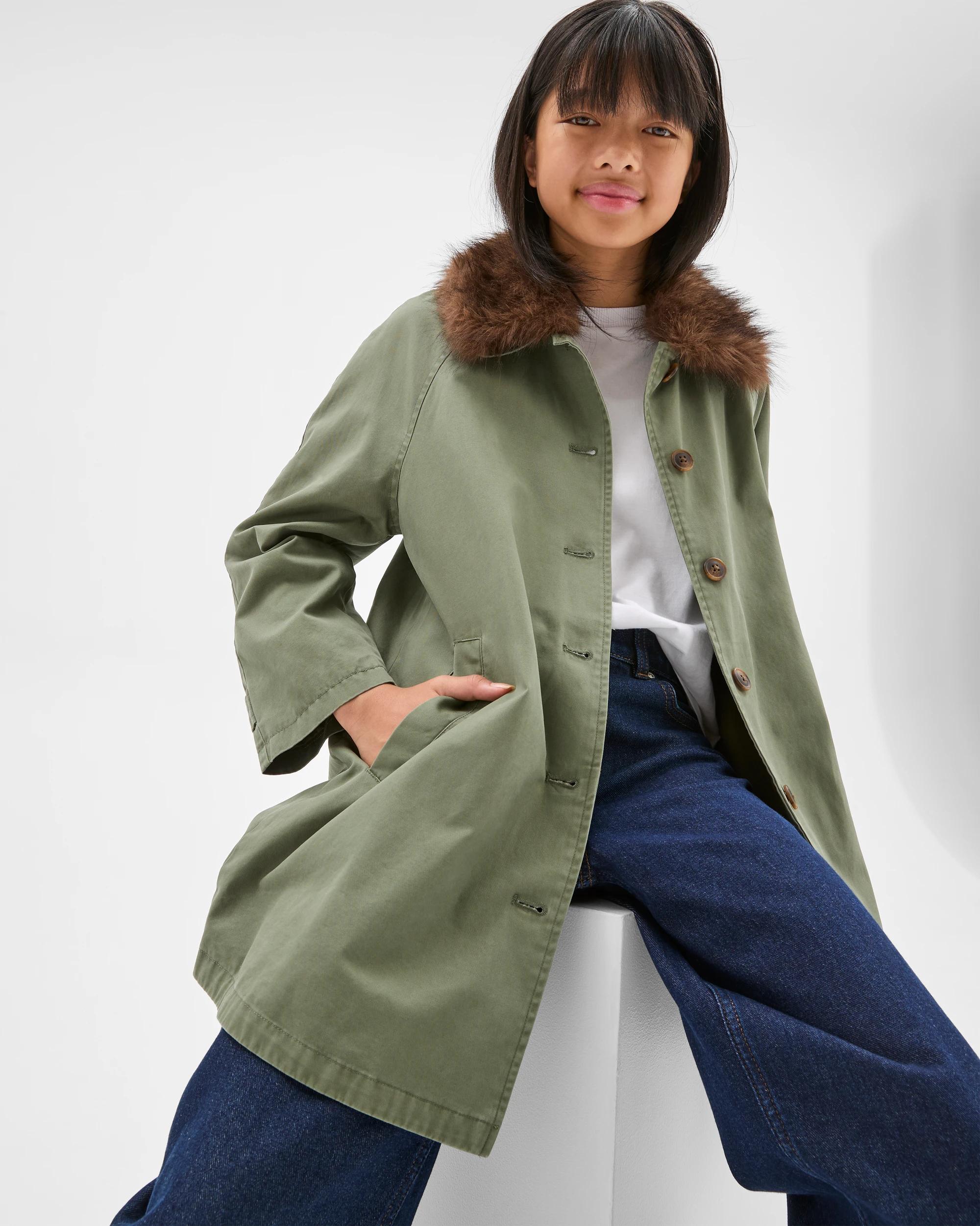 1 Target Kids Australian Cotton Faux Fur Collar Long Car Coat KHAKI, 1 of 7