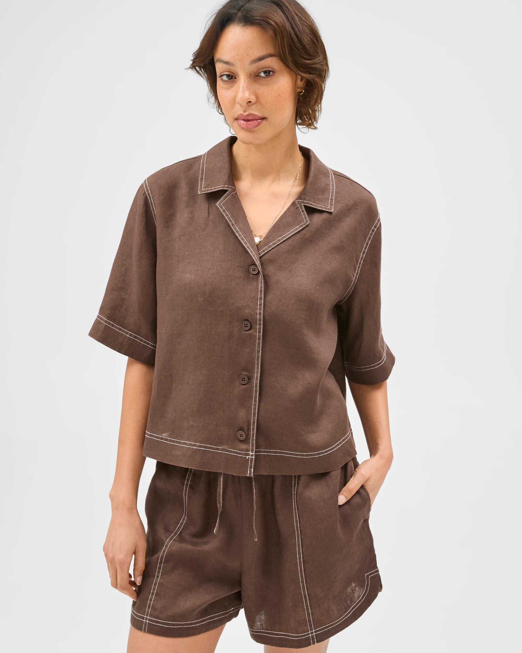 5 Target Woman European Linen Short Sleeve Stitch Detail Shirt COFFEE BEAN, 5 of 7