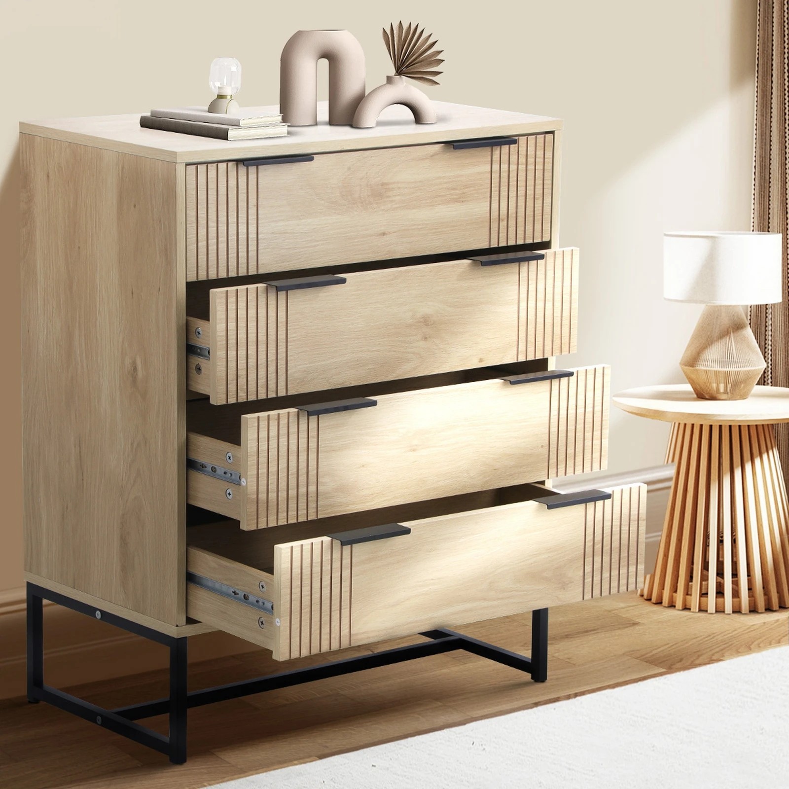 3 Oikiture 4 Chest Of Drawers Storage Cabinet Dresser Table
 - Natural, 3 of 10