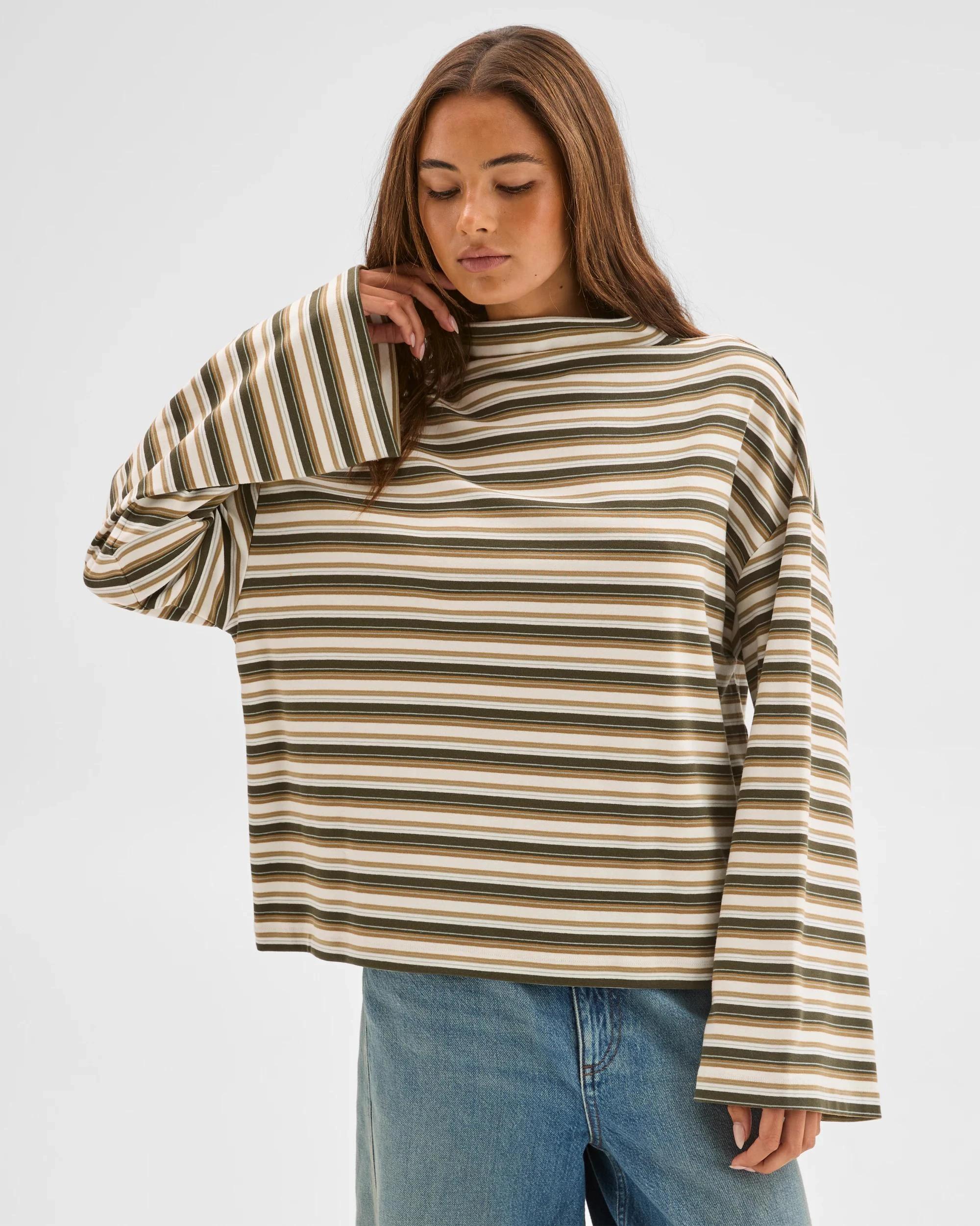3 Lily Loves Australian Cotton High Neck Long Sleeve T-Shirt GREEN STRIPE, 3 of 6