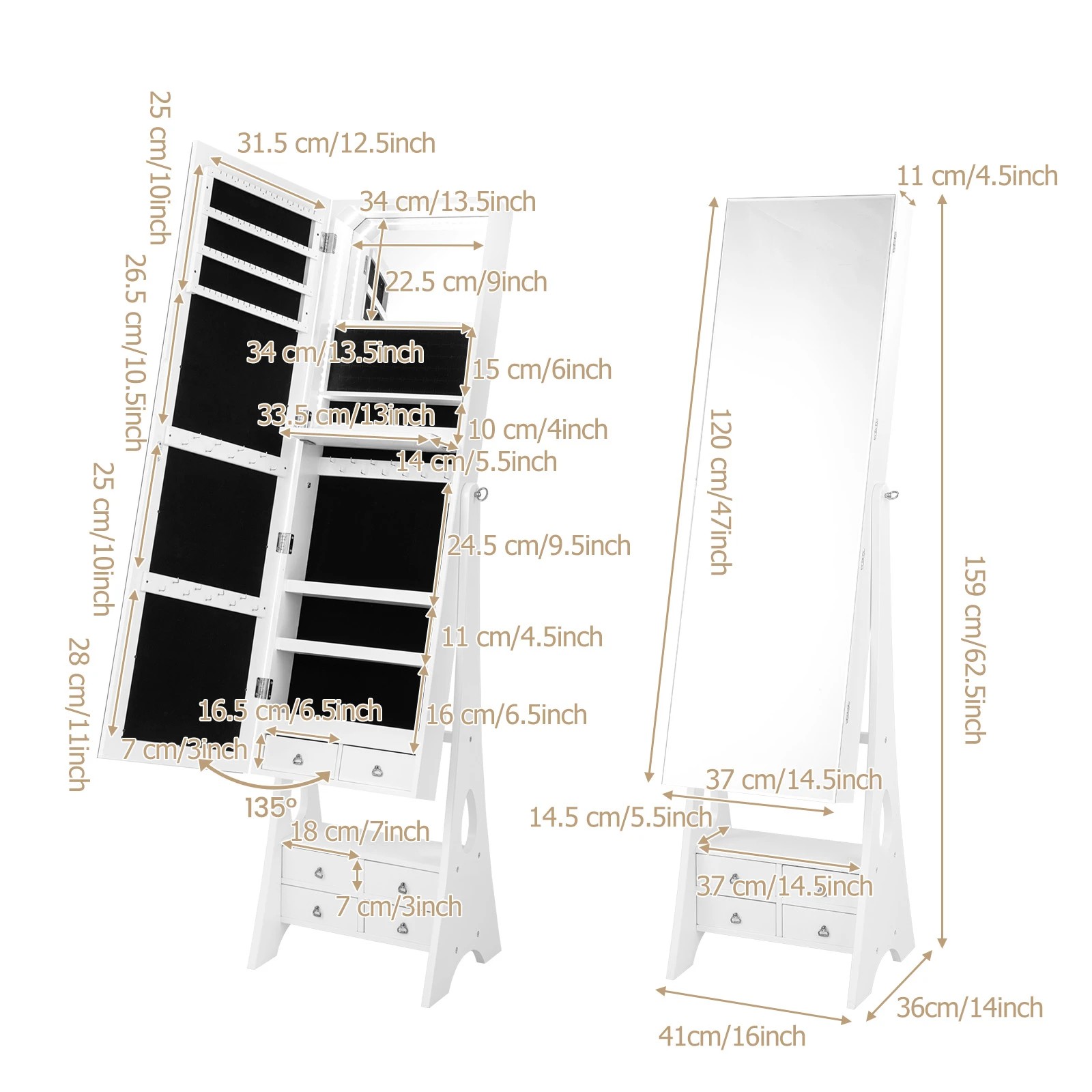 4 Costway Jewellery Cabinet Armoire Vanity Jewelry Organizer w/3-Color LED Makeup Mirror - White, 4 of 5