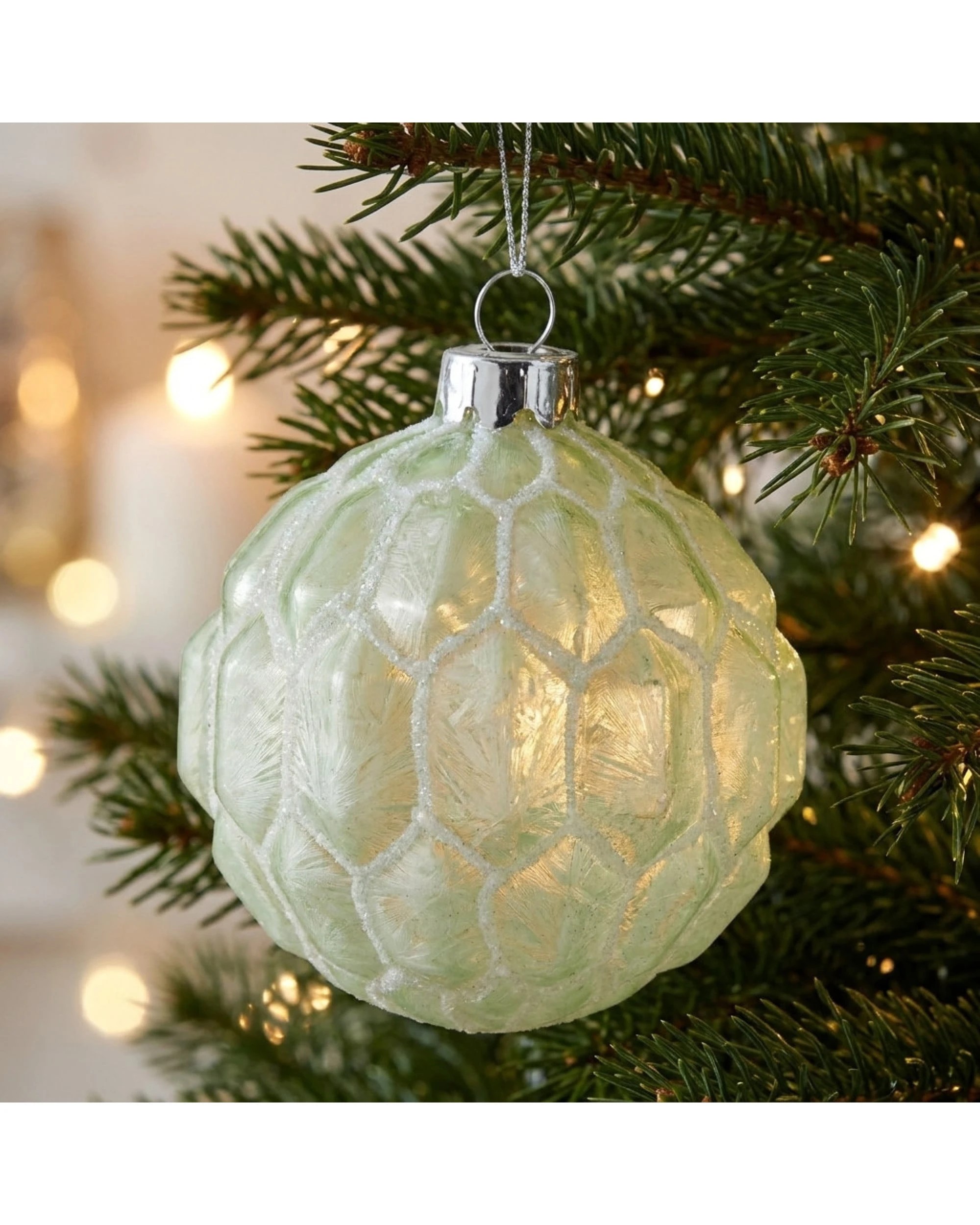 6 Christabelle set of 6 pale green glass Christmas baubles with white shimmer, 8cm - Green, 6 of 6