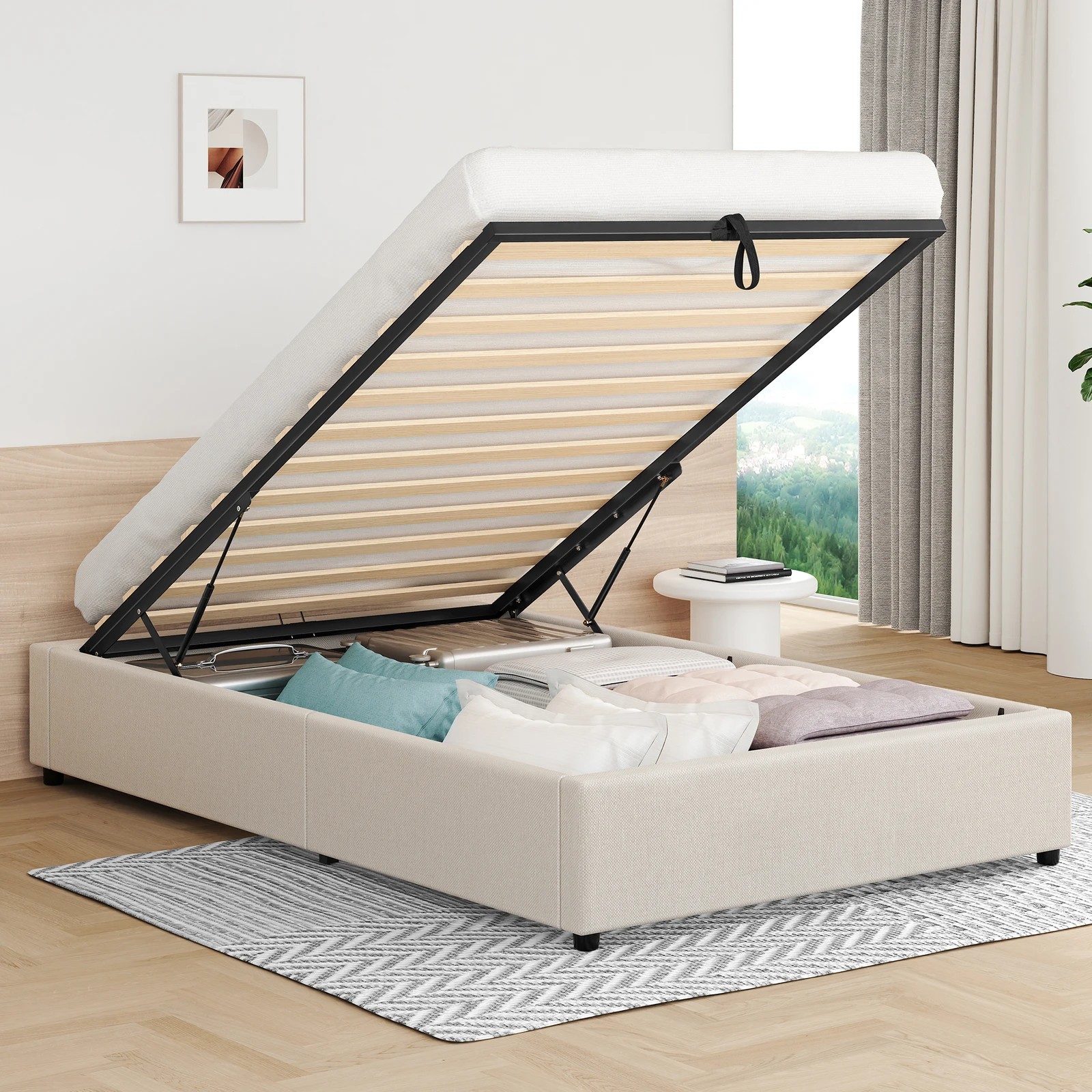 2 Alfordson Bed Frame Single Size Gas Lift Storage Mattress Base Barlow - Beige, 2 of 10