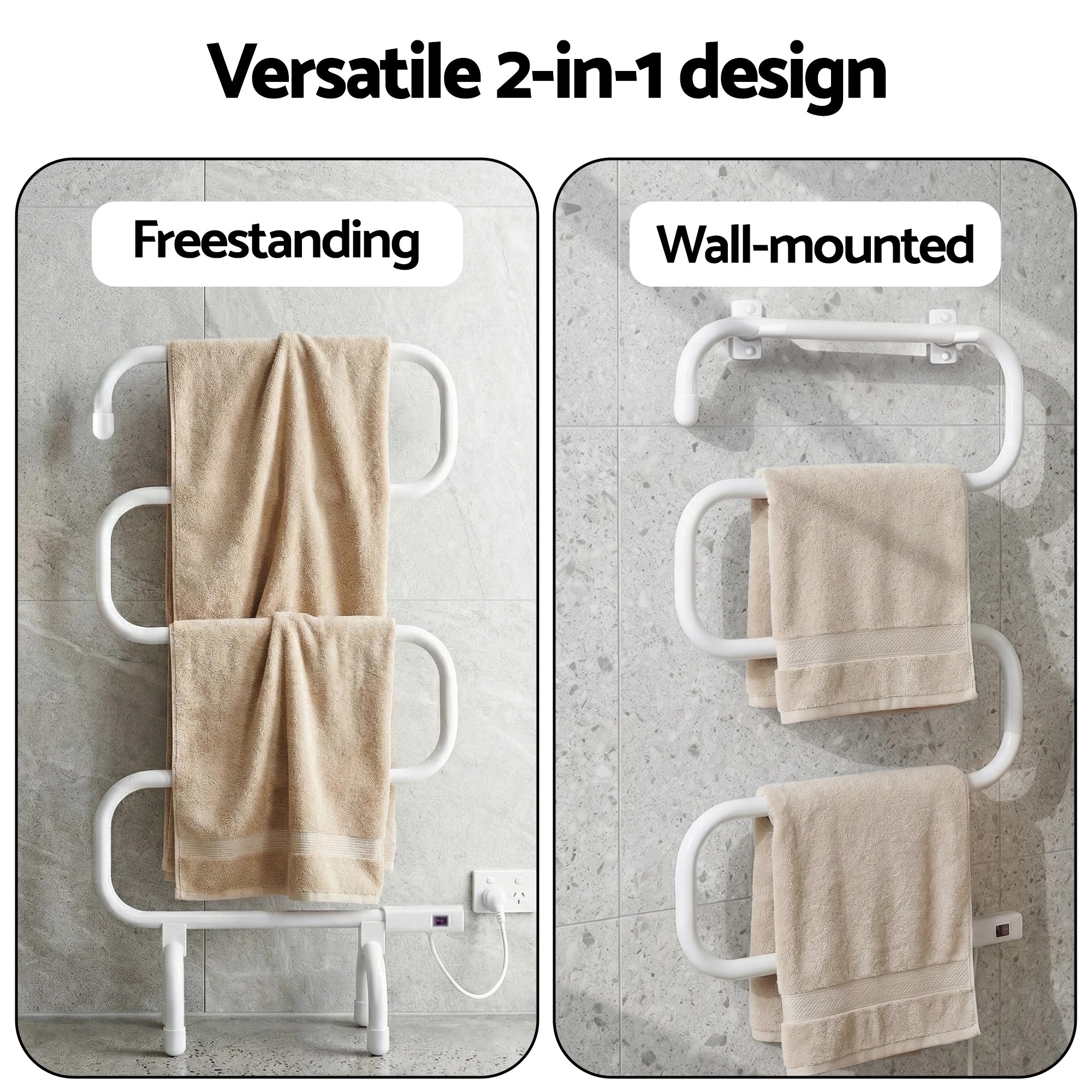 2 Devanti Heated Towel Rail Freestanding Wall Mounted S-Shape Electric Warmer Rack - White, 2 of 7