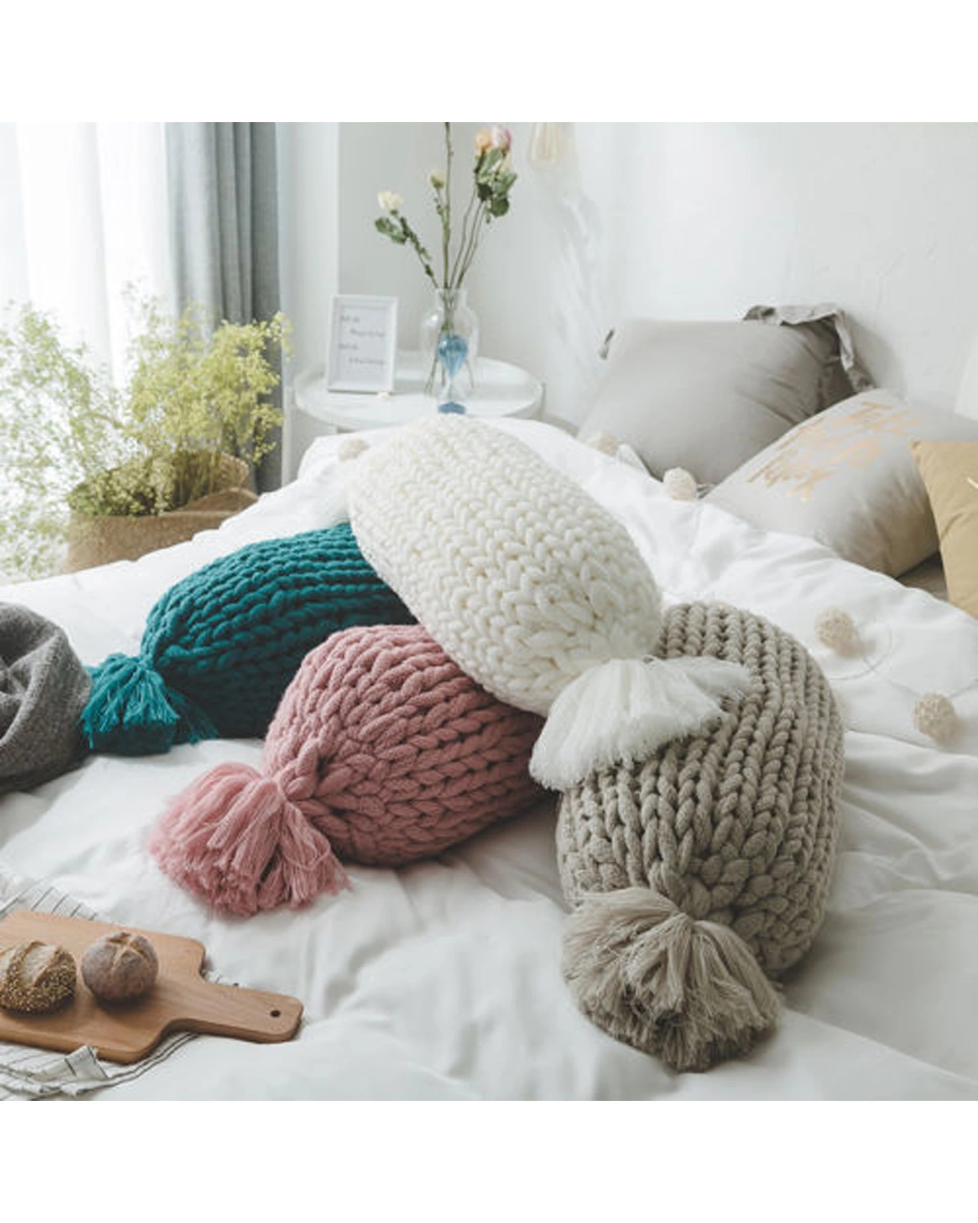 3 Cotton More Hand Knitted Acrylic Sofa Bed Cushion Breakfast Pillow 50x20cm - White, 3 of 3