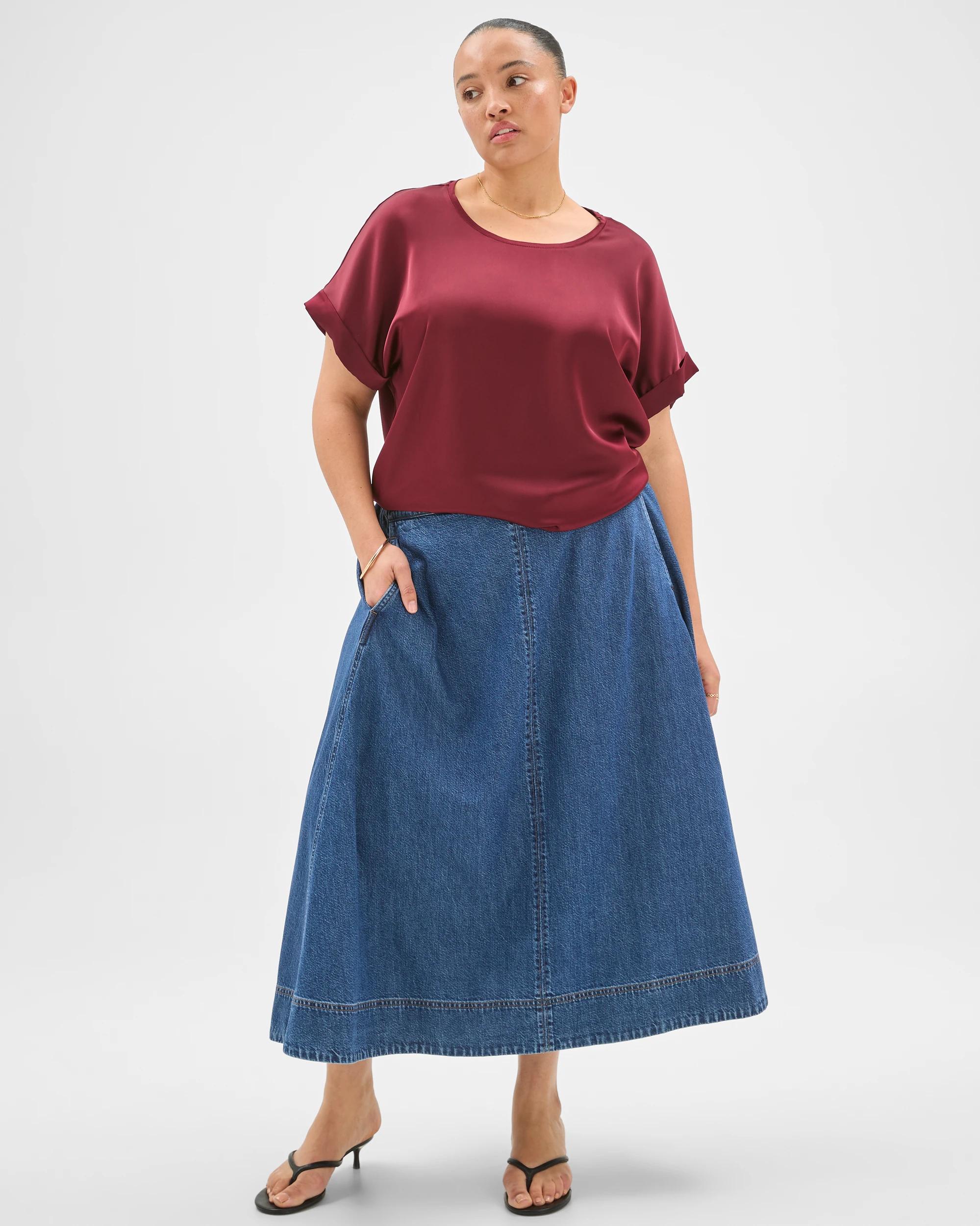 1 Target Curve Plus Size Elasticated Waist Denim Midi Skirt MID WASH, 1 of 7