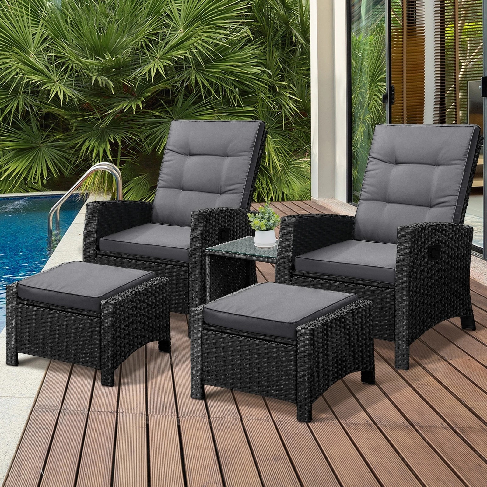 9 Livsip Outdoor  Recliner Chair & Table Set Wicker Lounge Patio Furniture Setting
 - Black, 9 of 10